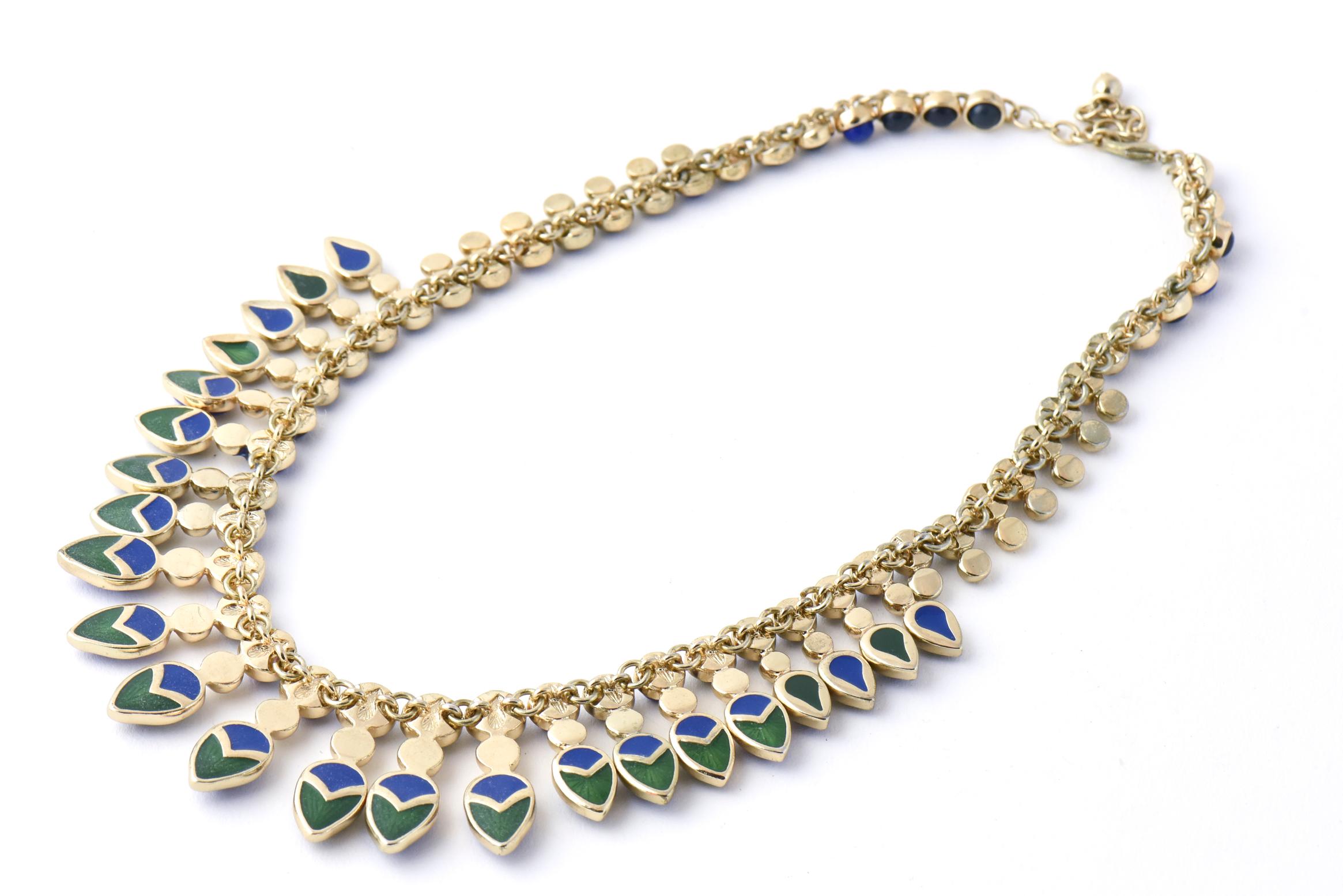 Egyptian Cleopatra Style Blue and Green Stones Gold Necklace  In Good Condition In Miami Beach, FL