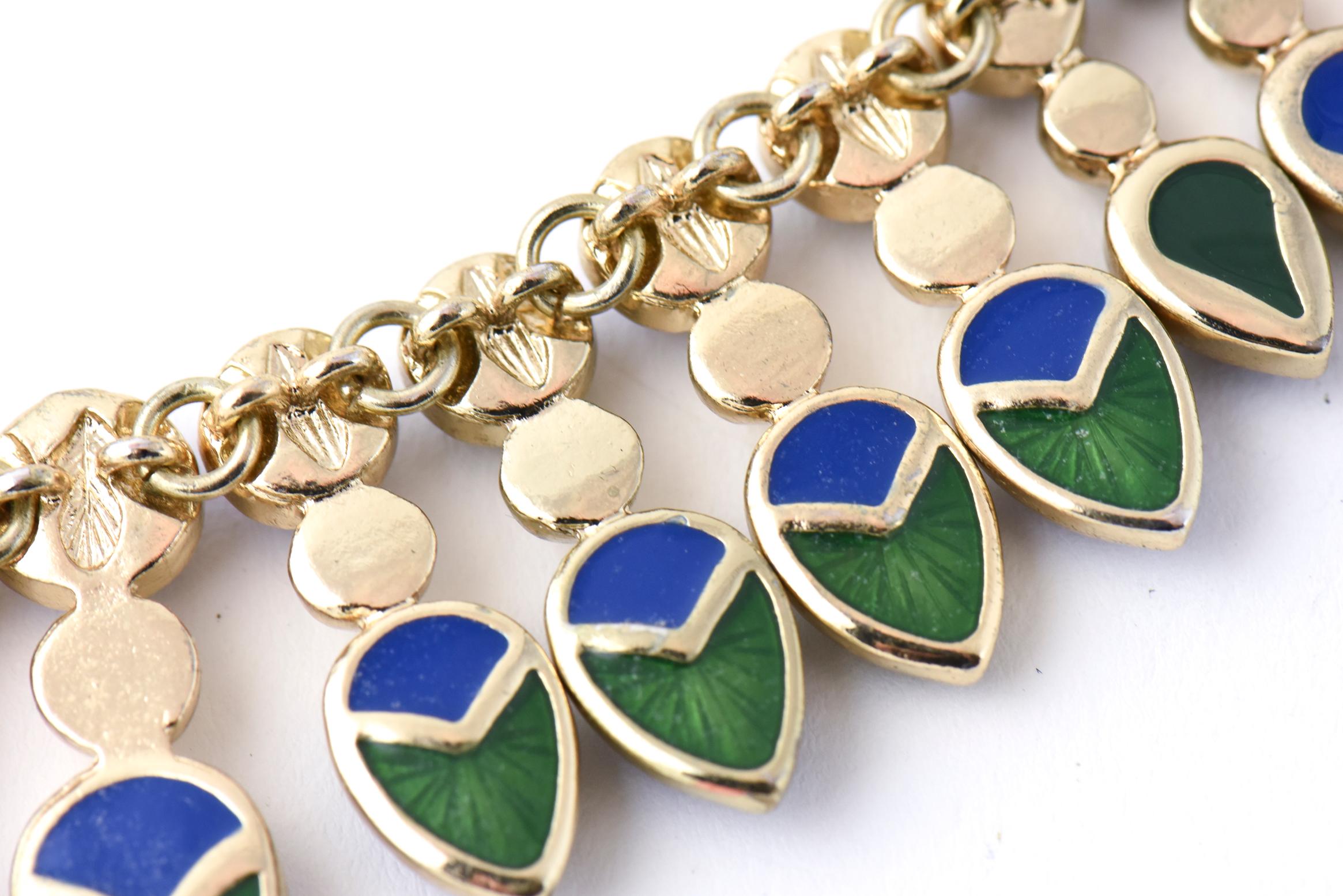 Women's or Men's Egyptian Cleopatra Style Blue and Green Stones Gold Necklace 