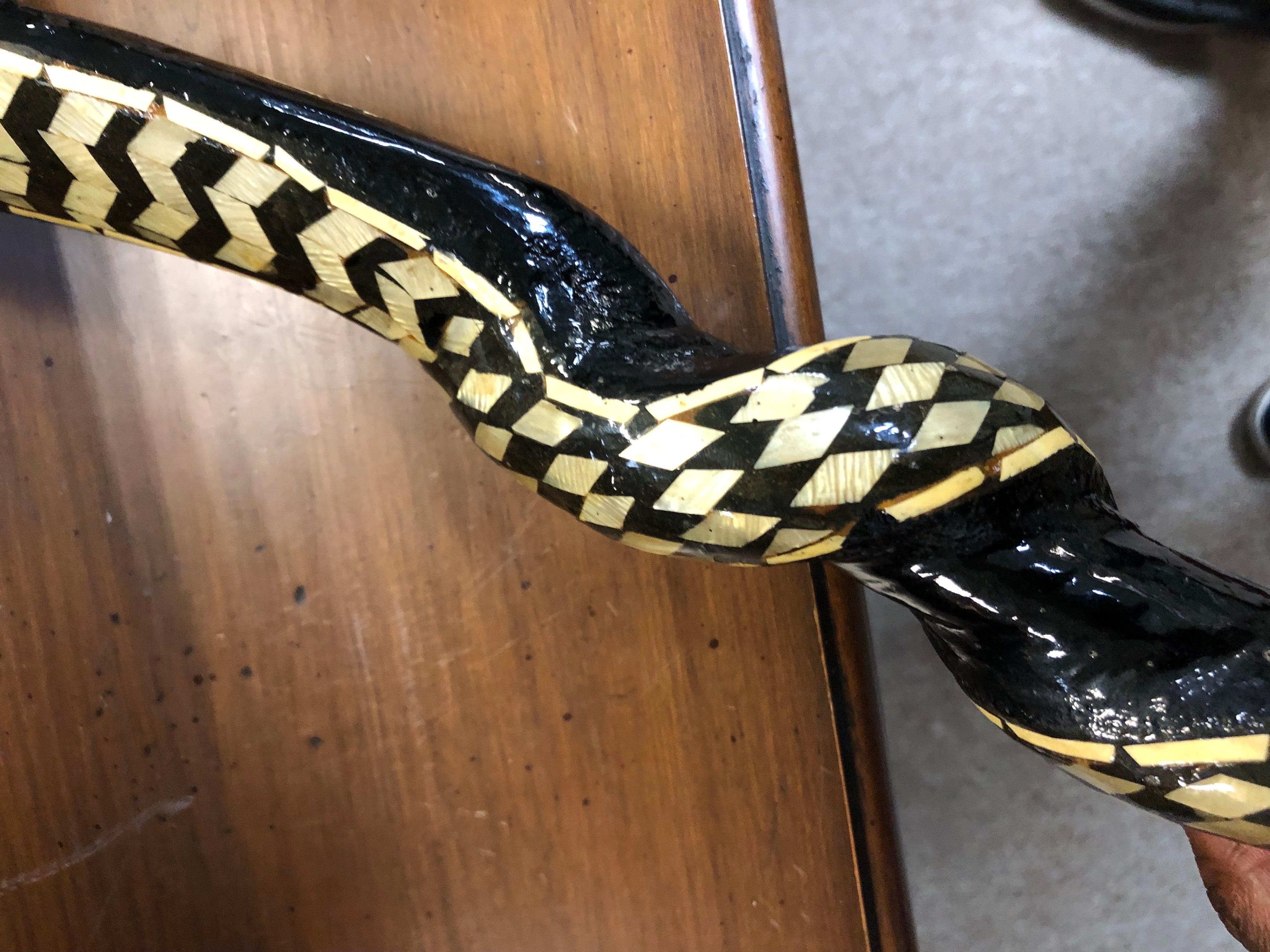 Hand-Crafted Egyptian Cobra Marquetry Inlaid Walking Stick