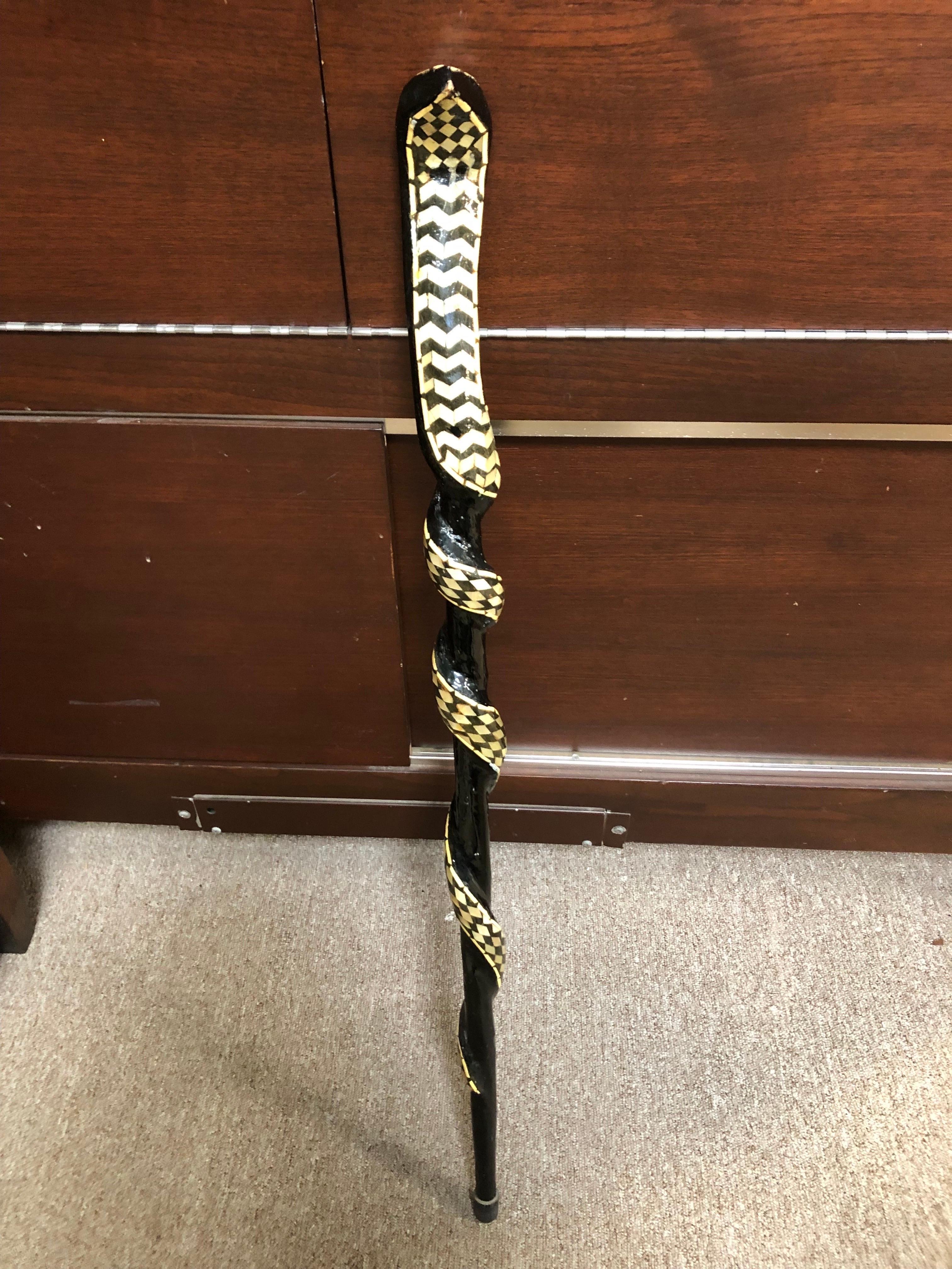 Late 20th Century Egyptian Cobra Marquetry Inlaid Walking Stick