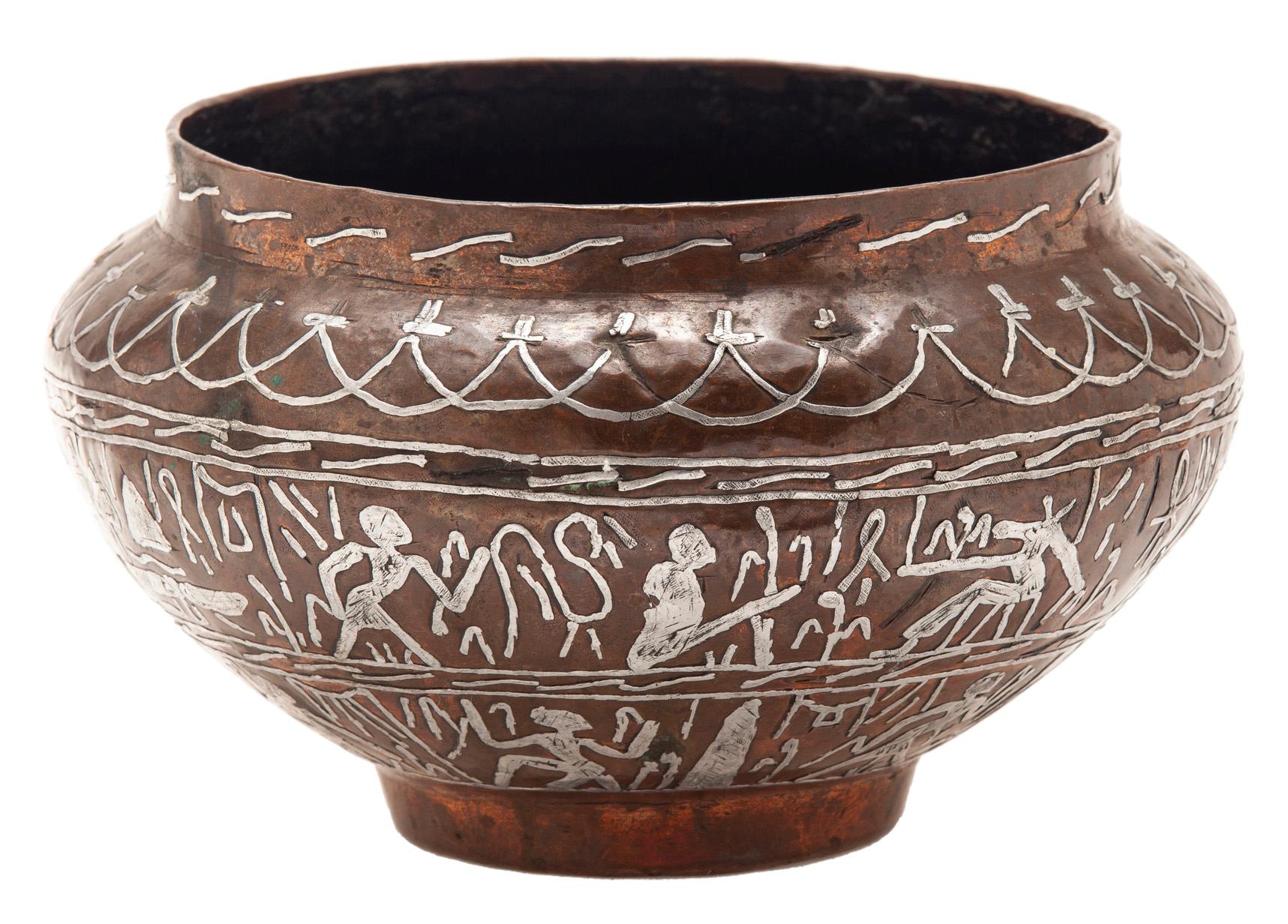 19th Century Egyptian Copper Cacche Pot/Silver Inlay For Sale