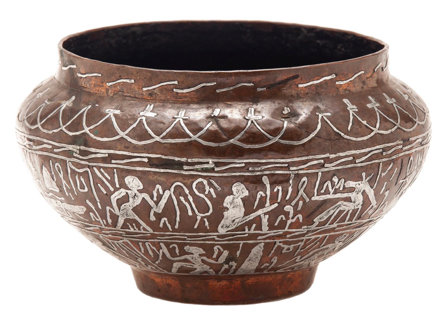 Egyptian Copper Cacche Pot/Silver Inlay In Good Condition For Sale In Malibu, CA