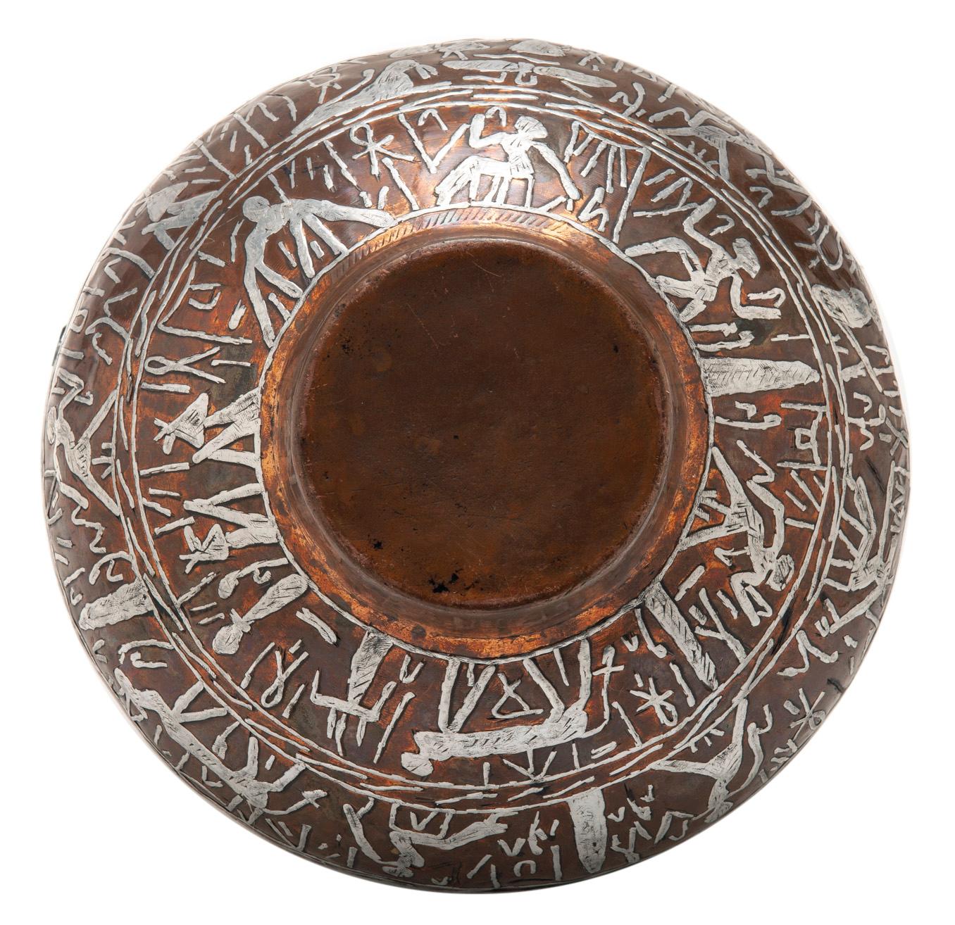 Egyptian Copper Cacche Pot/Silver Inlay For Sale 1