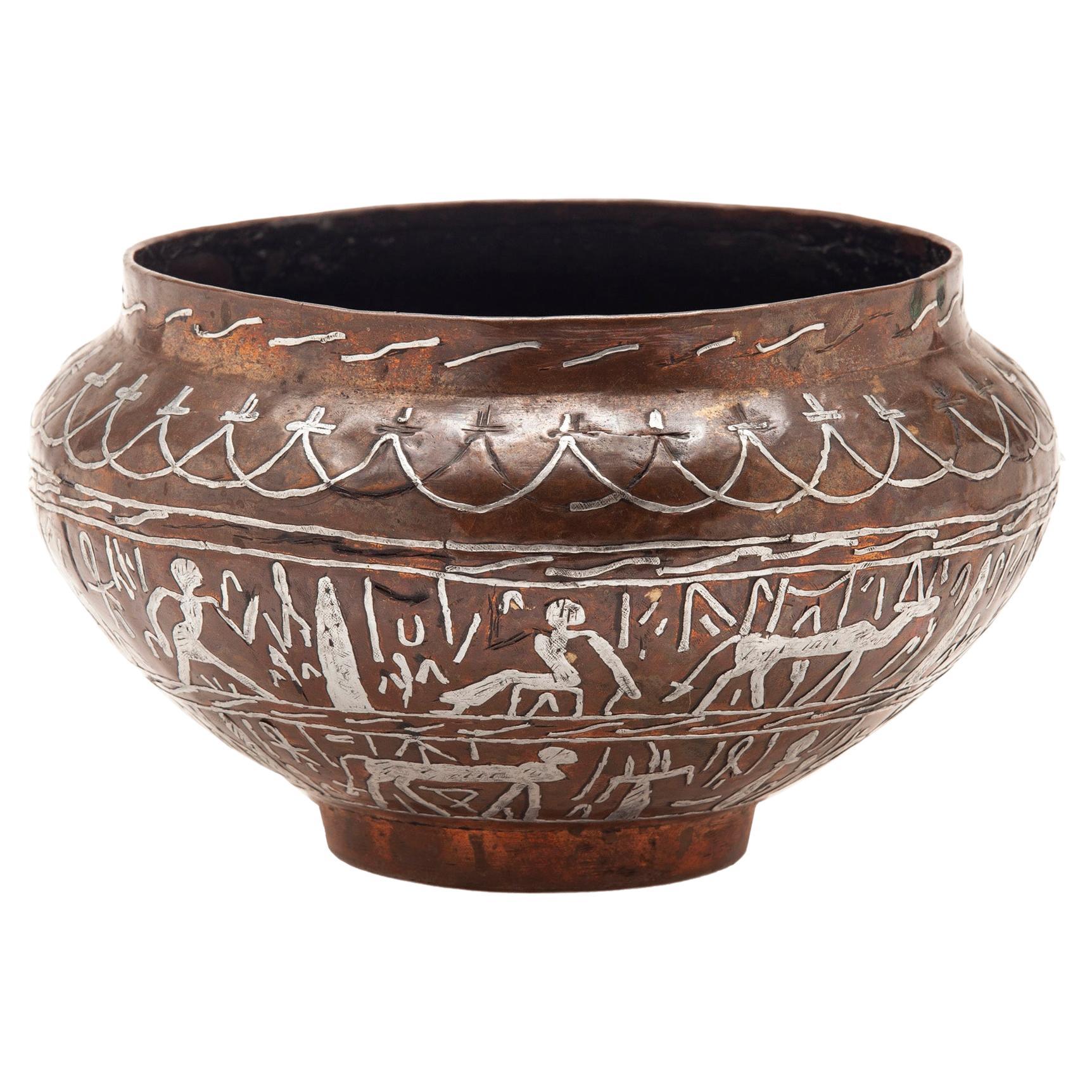 Egyptian Copper Cacche Pot/Silver Inlay For Sale