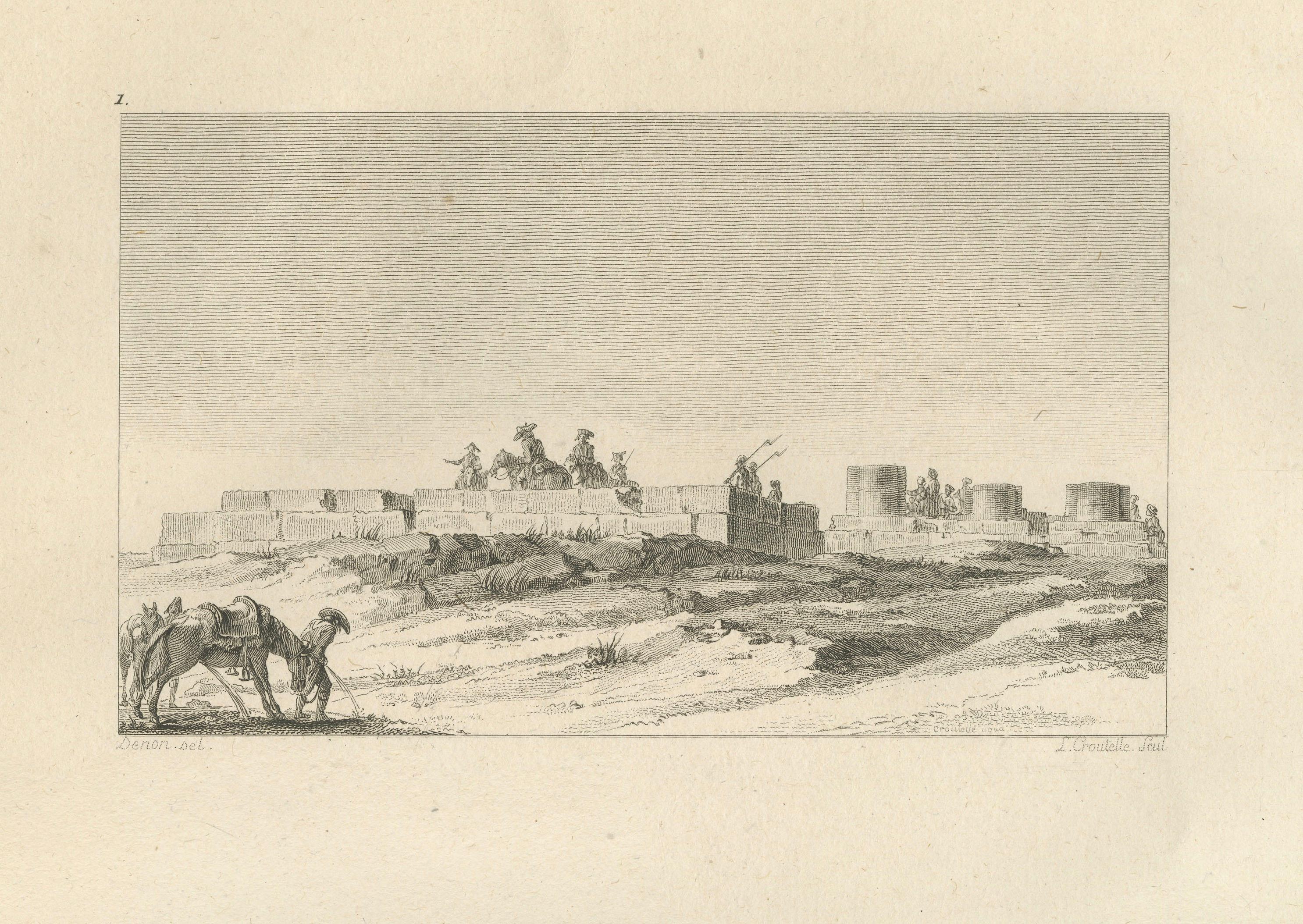 Egyptian Desert Ruins and Rock-Cut Tomb, Antique Engraving, c.1802