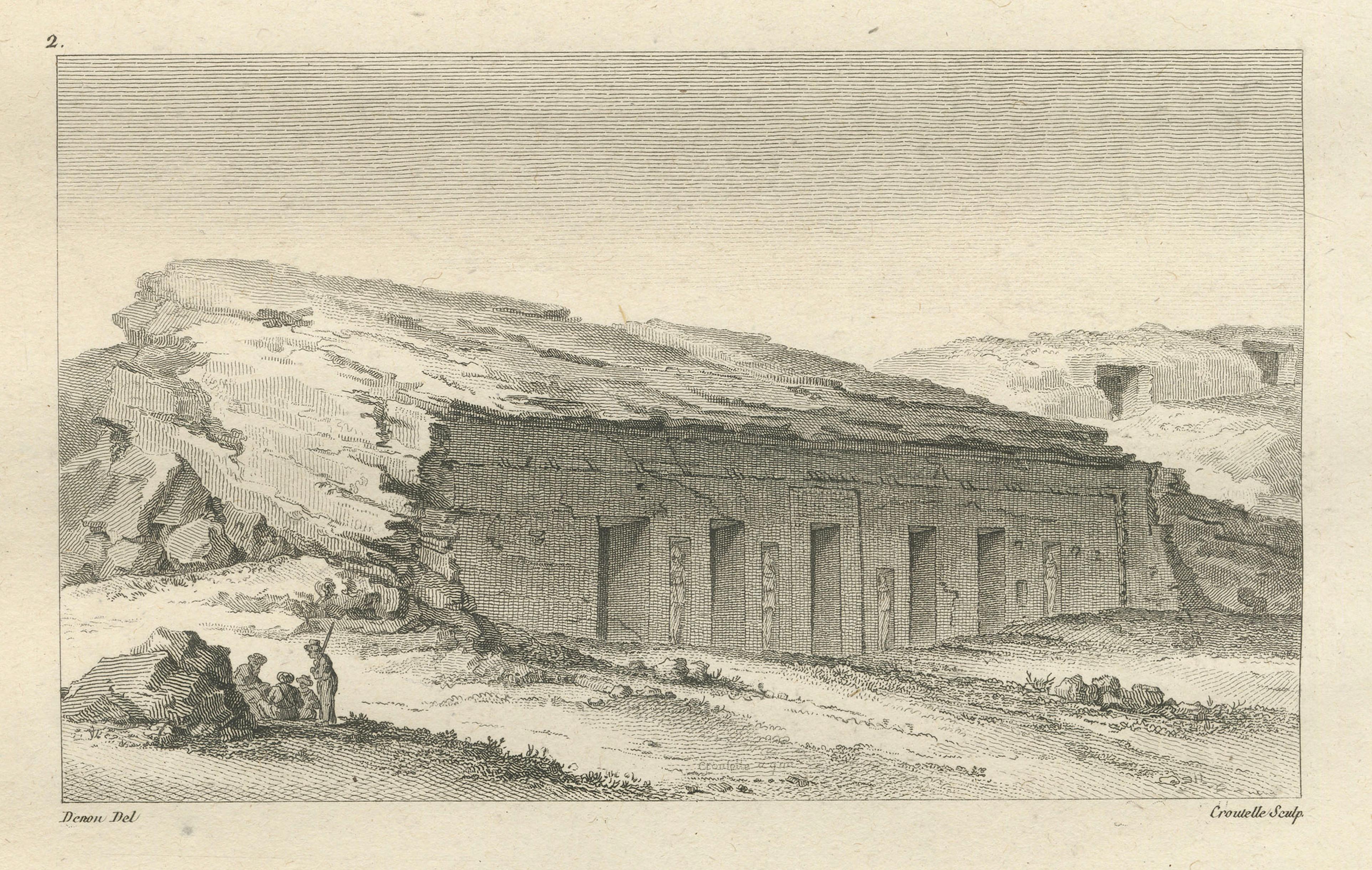 Egyptian Desert Ruins and Rock-Cut Tomb, Antique Engraving, c.1802