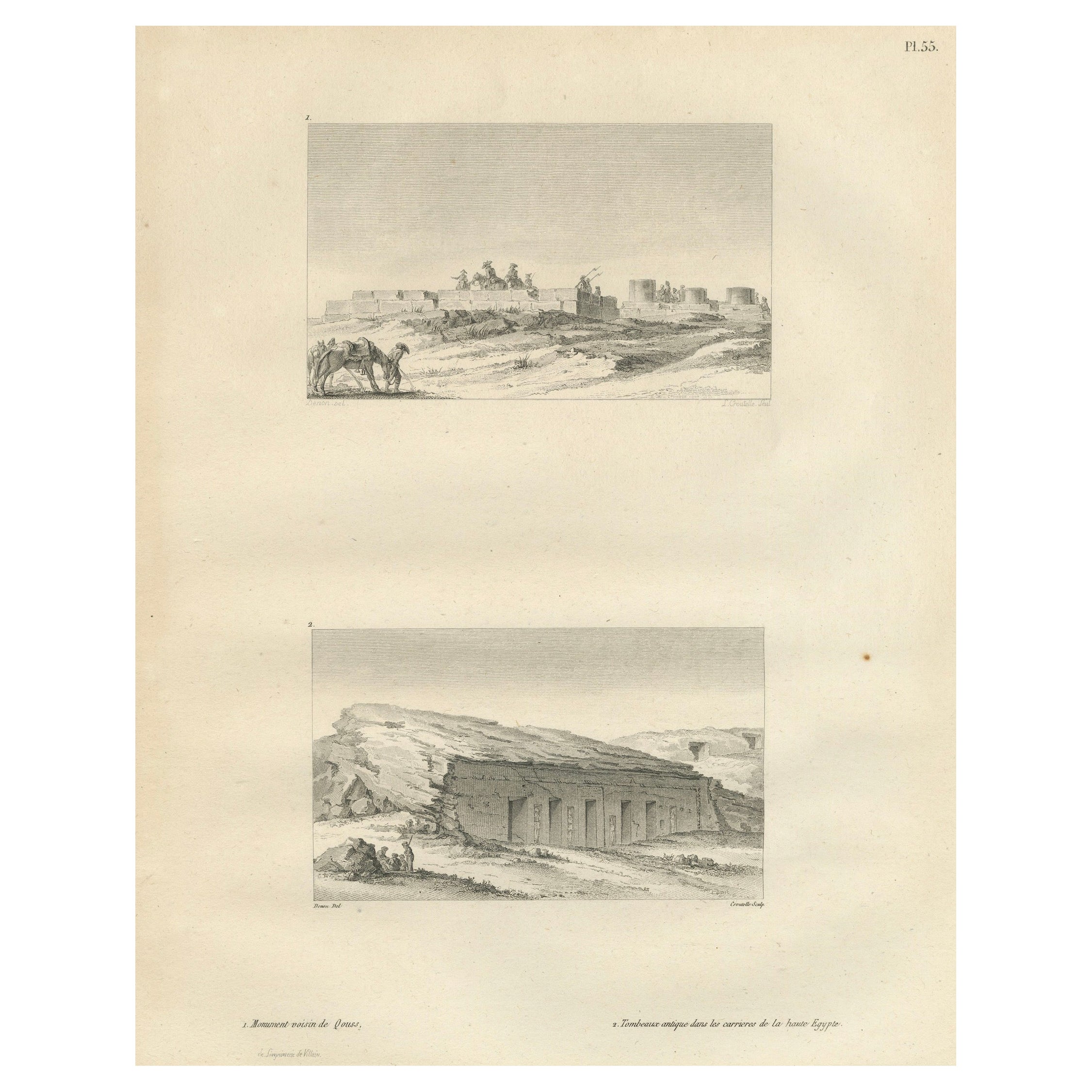 Egyptian Desert Ruins and Rock-Cut Tomb, Antique Engraving, c.1802