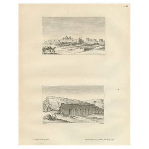 Egyptian Desert Ruins and Rock-Cut Tomb, Antique Engraving, c.1802
