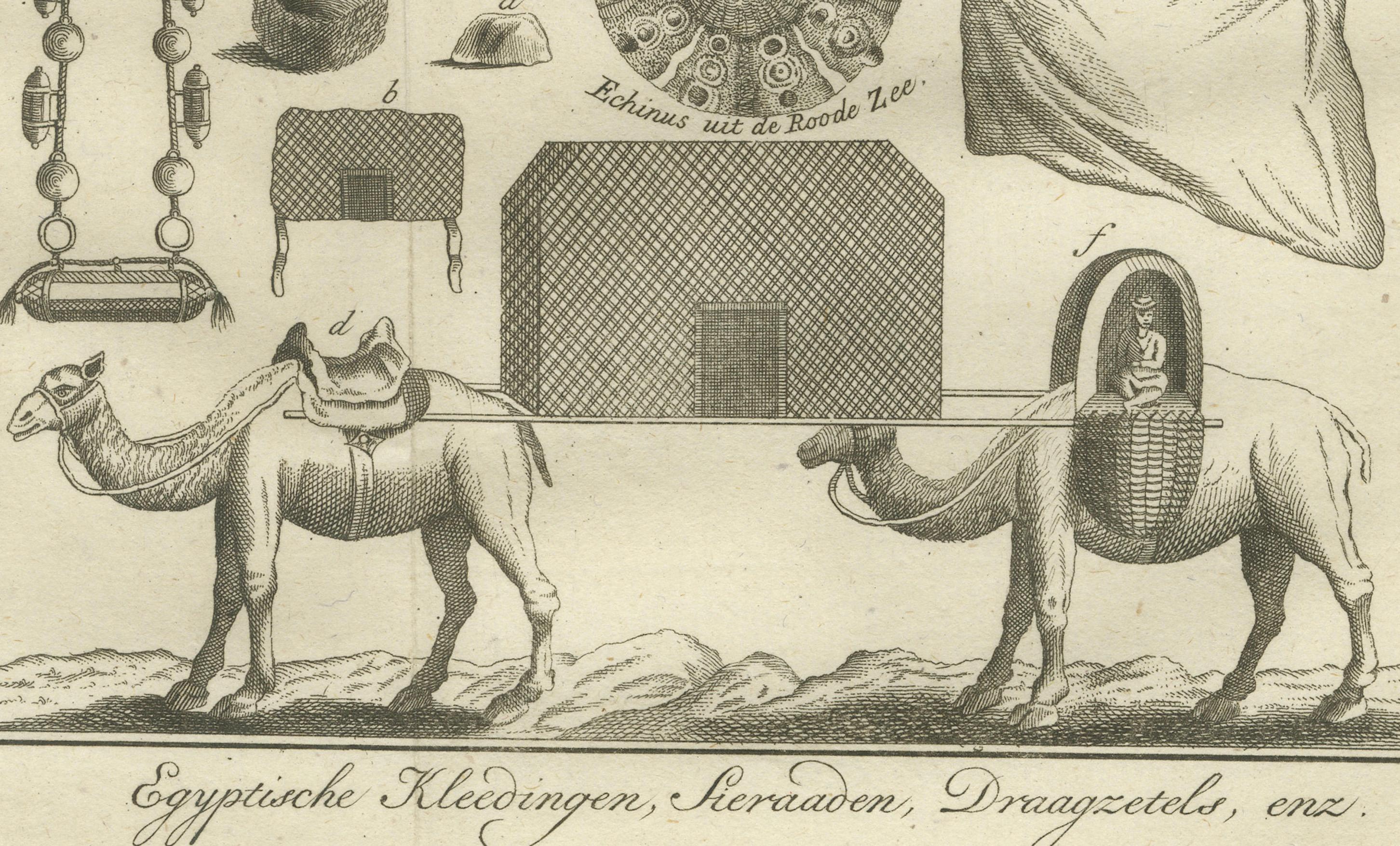 Dutch Egyptian Dress, Jewelry & Camel Transport – Antique Print of Egypt, 18th c. For Sale