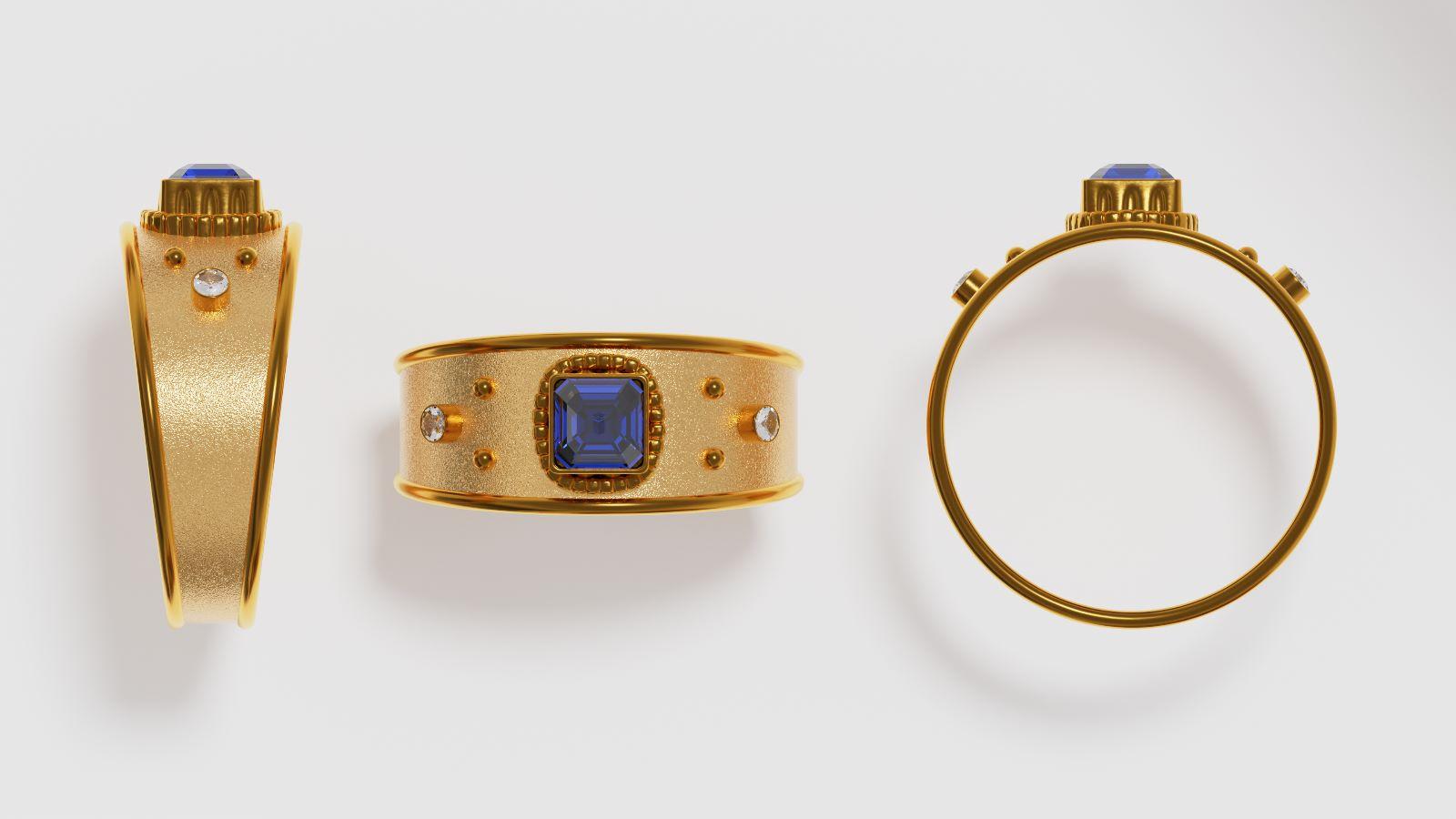 For Sale:  Egyptian Elixir Ring in 18k Gold with Blue Sapphire and Two Diamonds 6