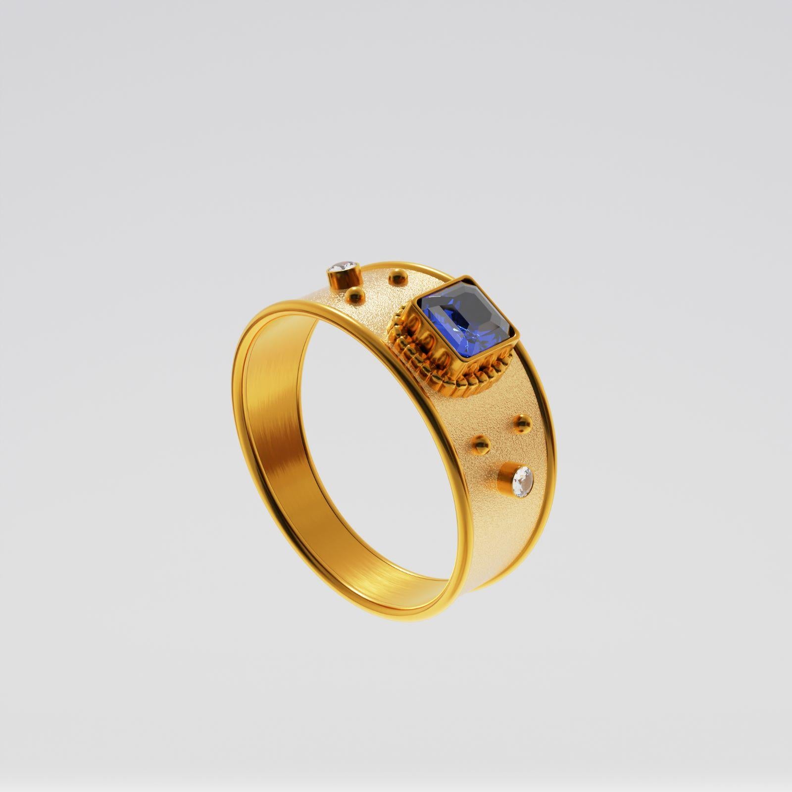 For Sale:  Egyptian Elixir Ring in 18k Gold with Blue Sapphire and Two Diamonds 7