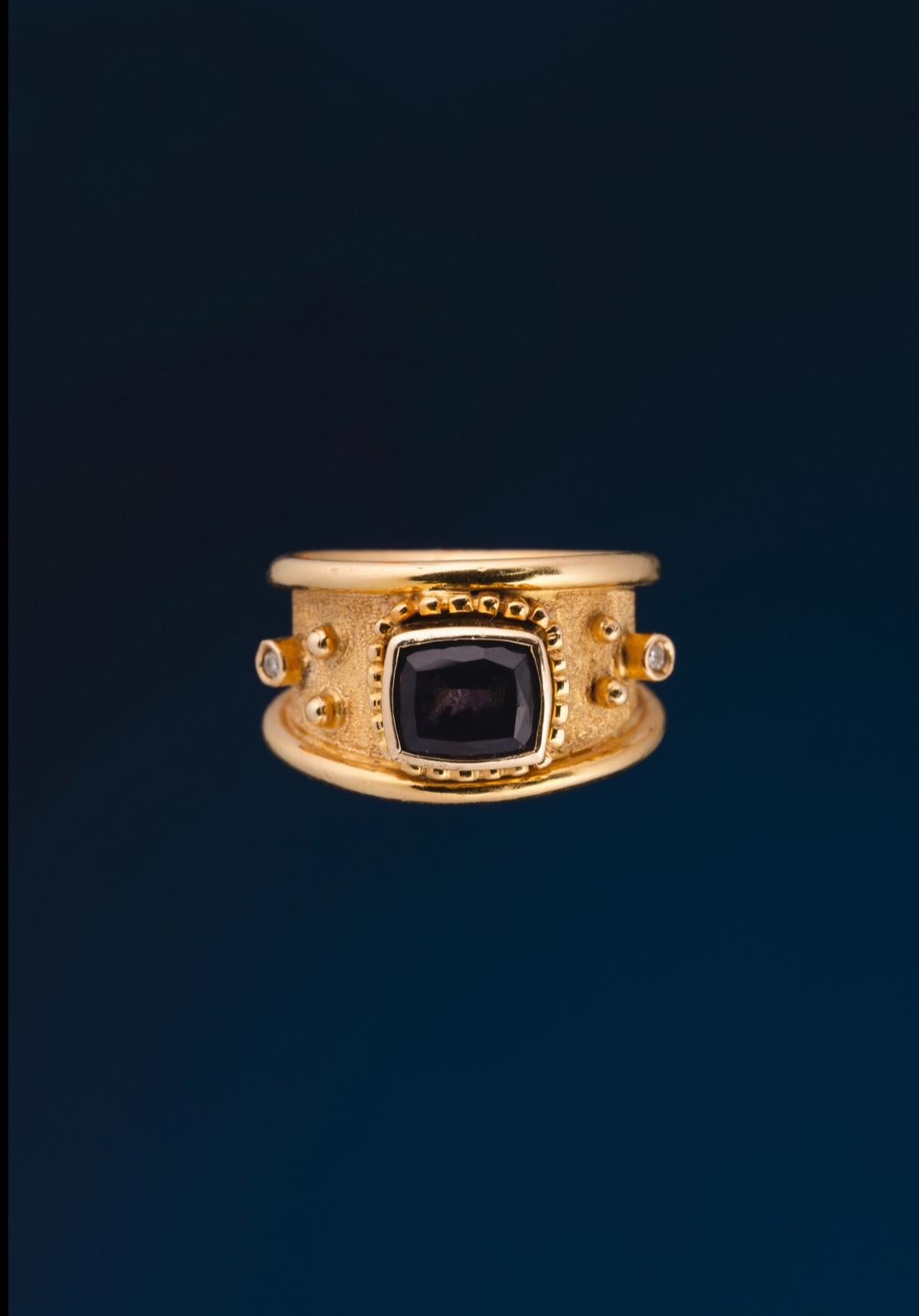 For Sale:  Egyptian Elixir Ring in 18k Gold with Blue Sapphire and Two Diamonds 8