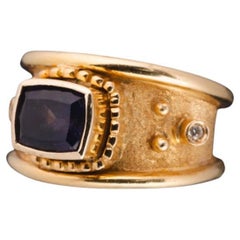 Antique Egyptian Elixir Ring in 18k Gold with Blue Sapphire and Two Diamonds