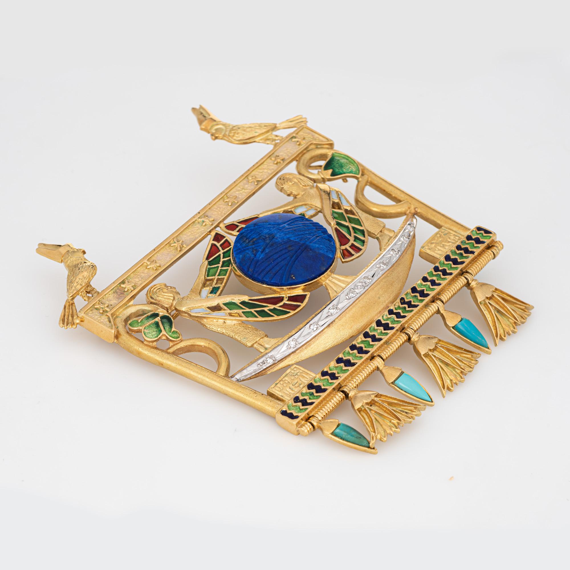Modern Egyptian Enamel Pendant Isis Large Vintage 14k Yellow Gold Lapis Diamond Jewelry For Sale