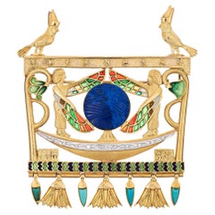 Egyptian Enamel Pendant Isis Large Vintage 14k Yellow Gold Lapis Diamond Jewelry