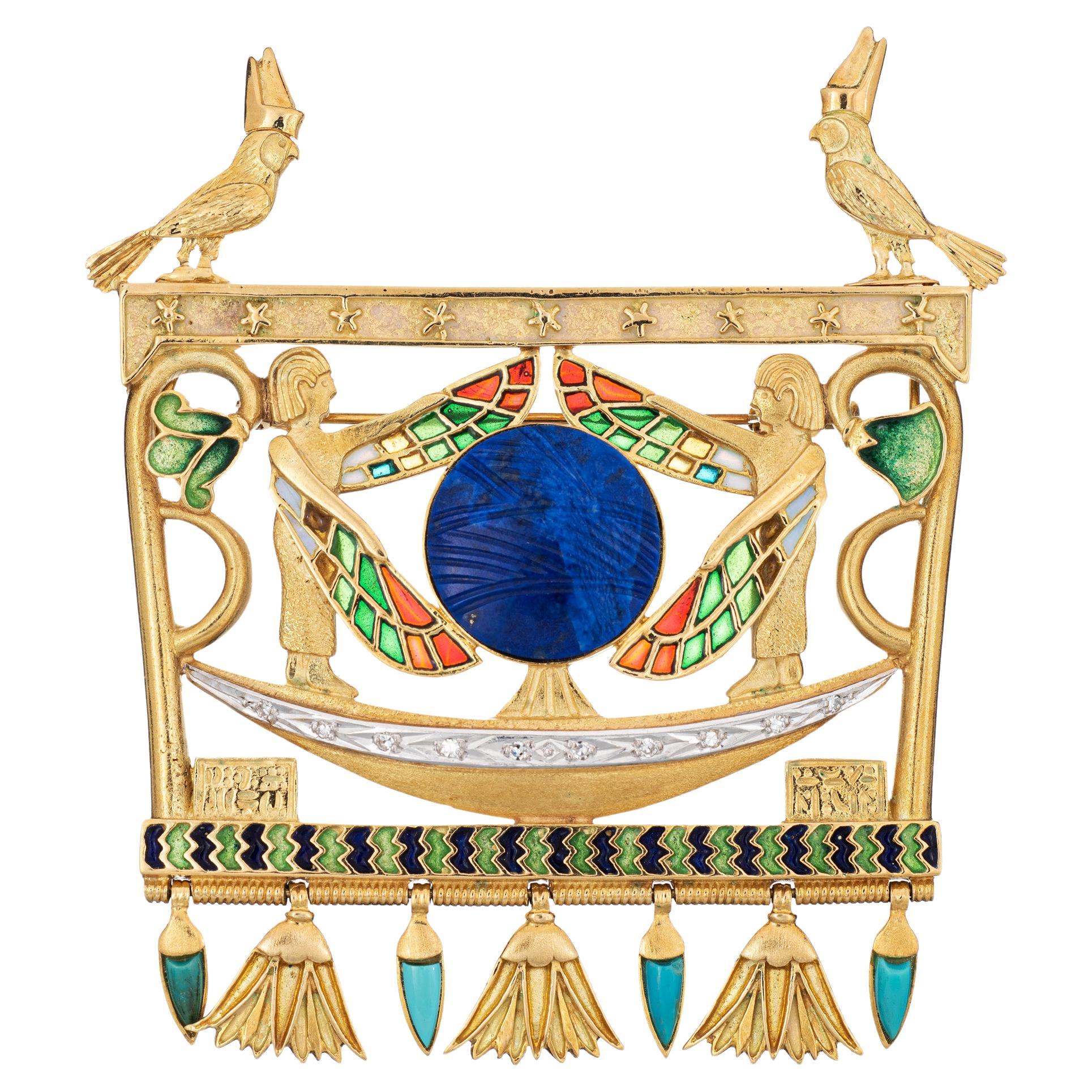 Egyptian Enamel Pendant Isis Large Vintage 14k Yellow Gold Lapis Diamond Jewelry For Sale