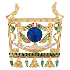 Egyptian Enamel Pendant Isis Large Retro 14k Yellow Gold Lapis Diamond Jewelry