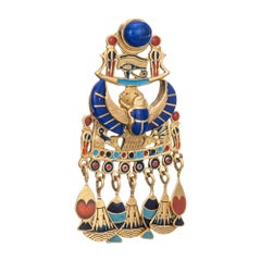 Egyptian Enamel Pendant Vintage 18k Yellow Gold Lapis Eye of Horus Ra Scarab