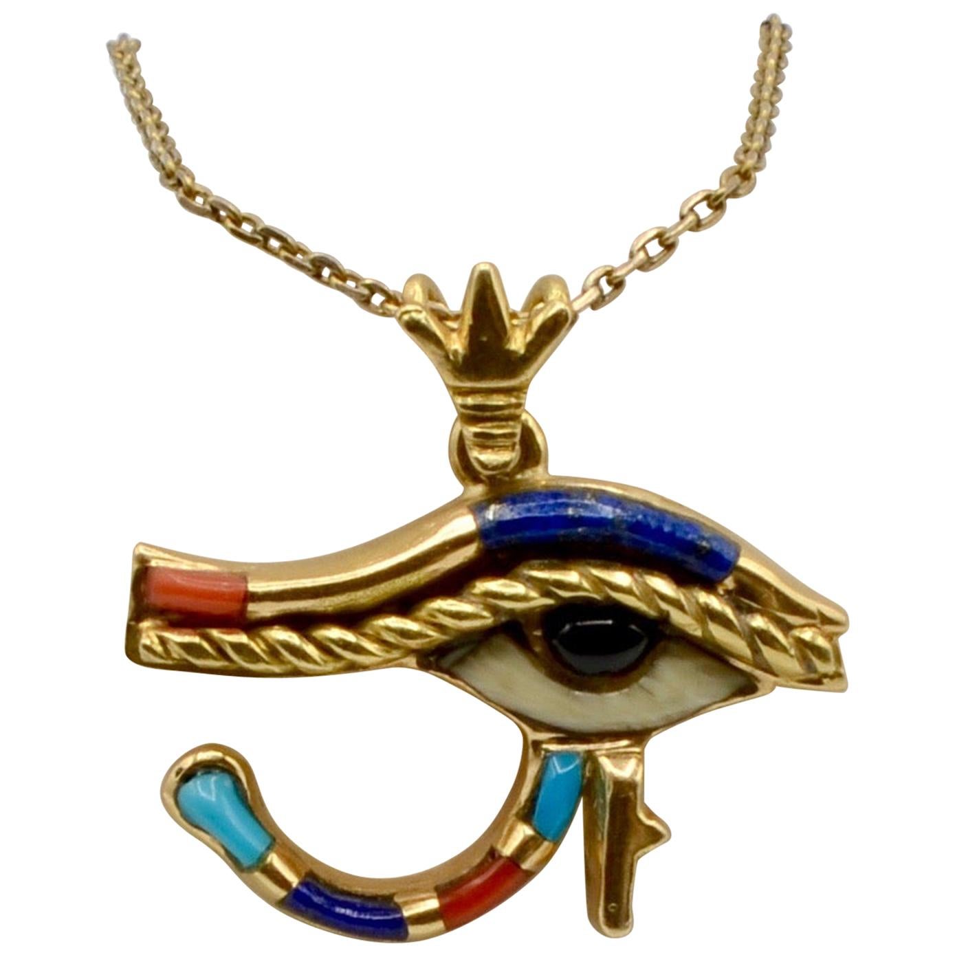 Egyptian Eye of Horus Inlayed and Set in 18 Karat Gold Pendant