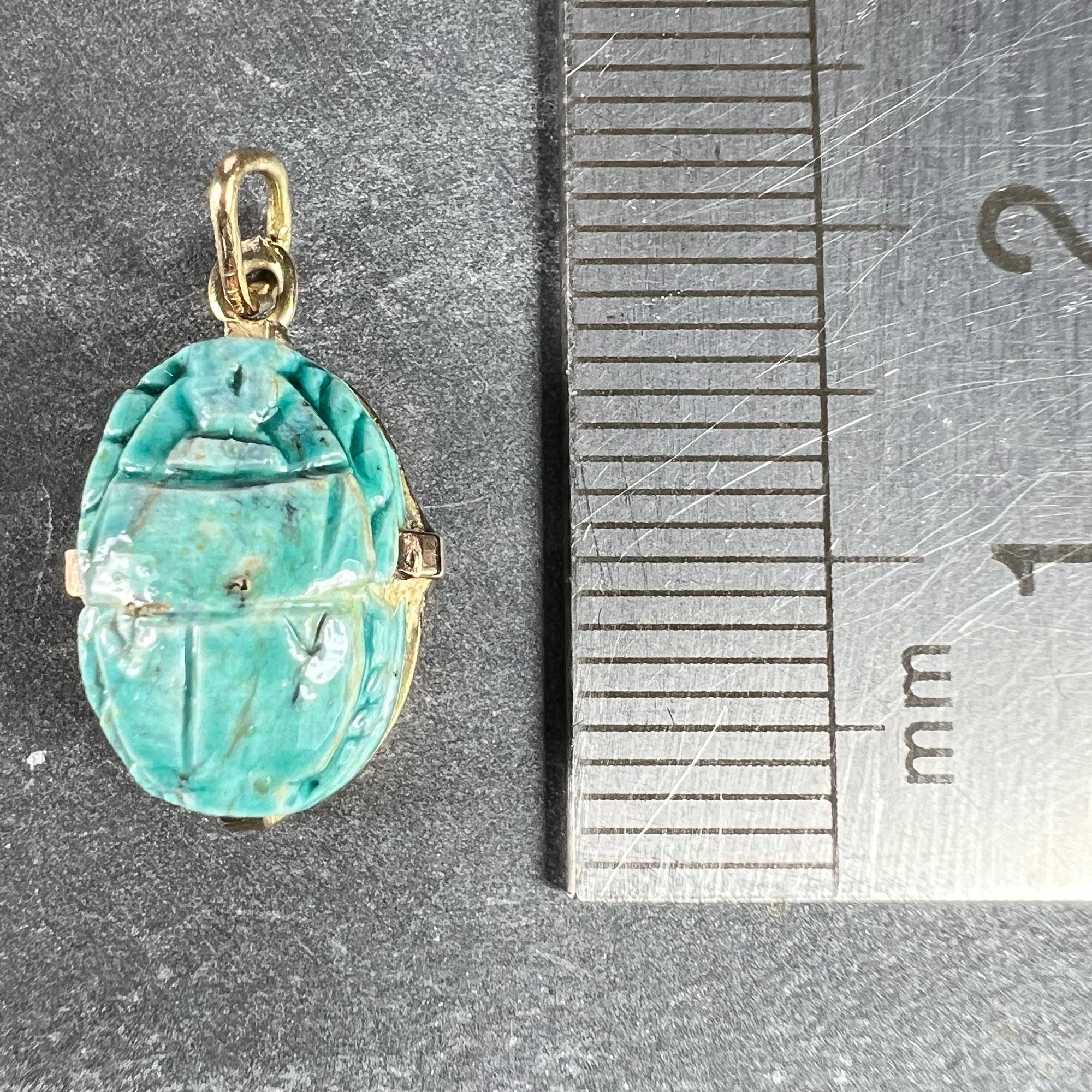 Egyptian Faience Ceramic Scarab 18K Yellow Gold Charm Pendant For Sale 6