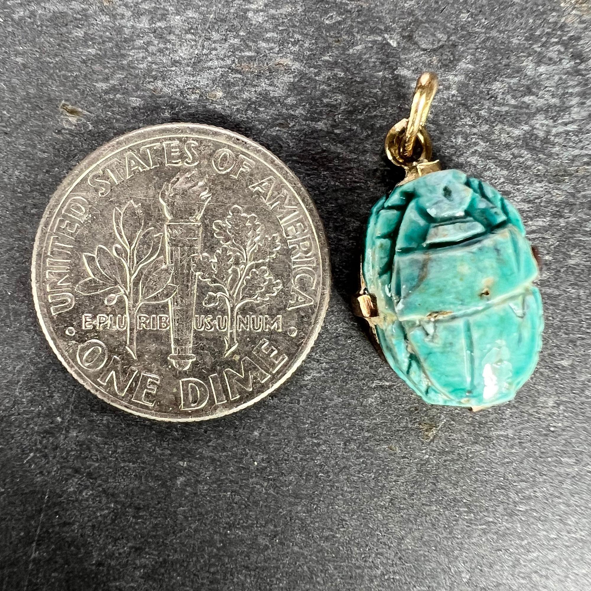 Egyptian Faience Ceramic Scarab 18K Yellow Gold Charm Pendant For Sale 7