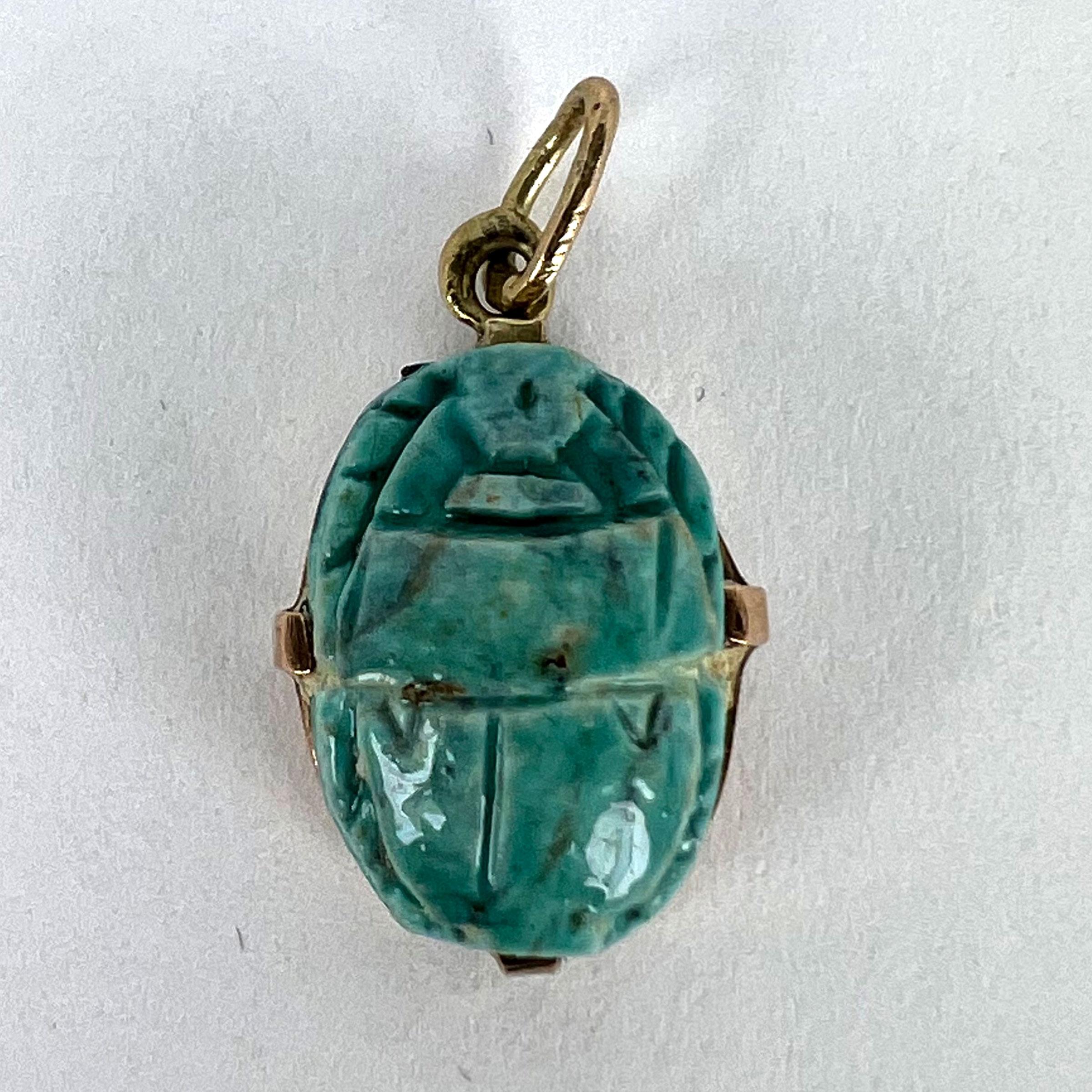 Egyptian Faience Ceramic Scarab 18K Yellow Gold Charm Pendant For Sale 8