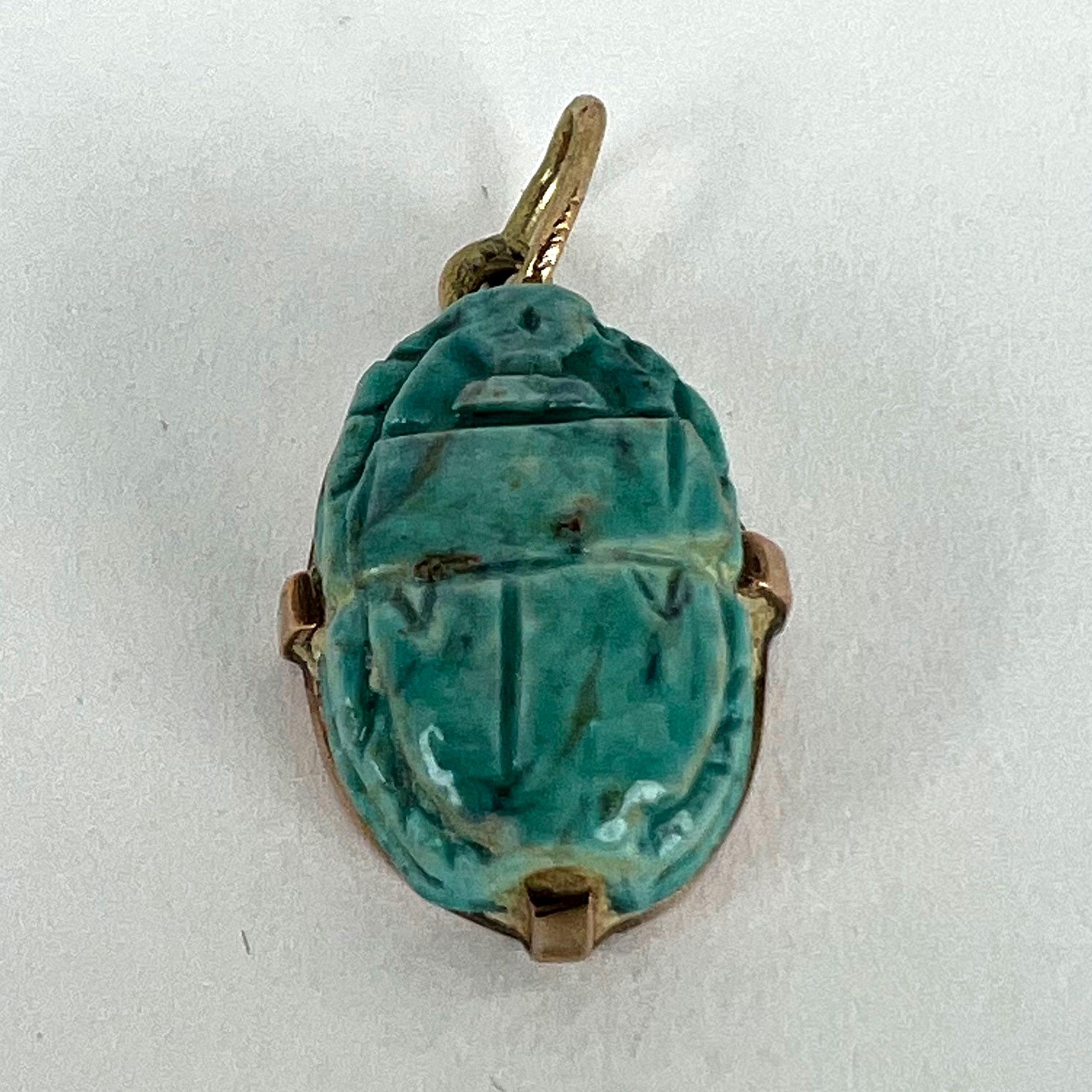 Egyptian Faience Ceramic Scarab 18K Yellow Gold Charm Pendant For Sale 9