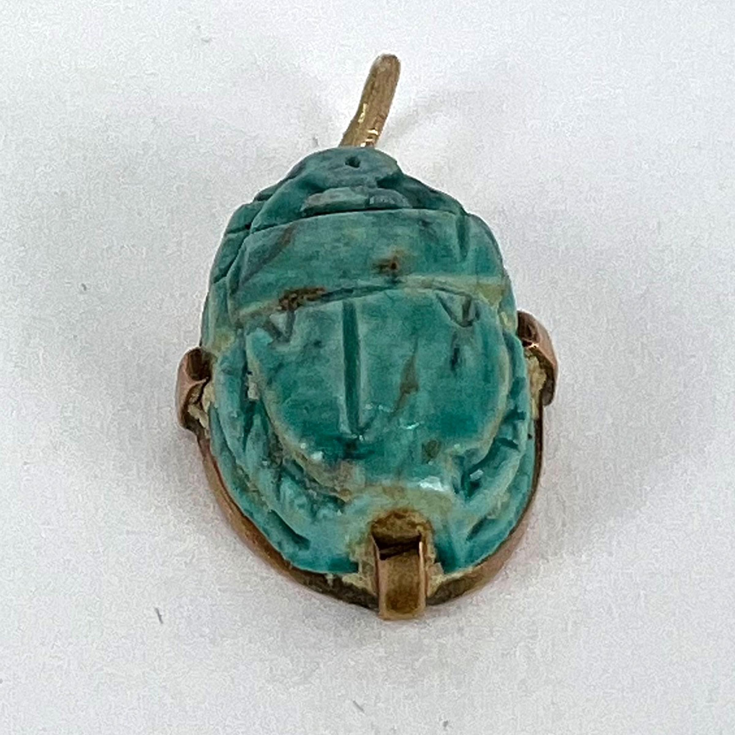 Egyptian Faience Ceramic Scarab 18K Yellow Gold Charm Pendant For Sale 10