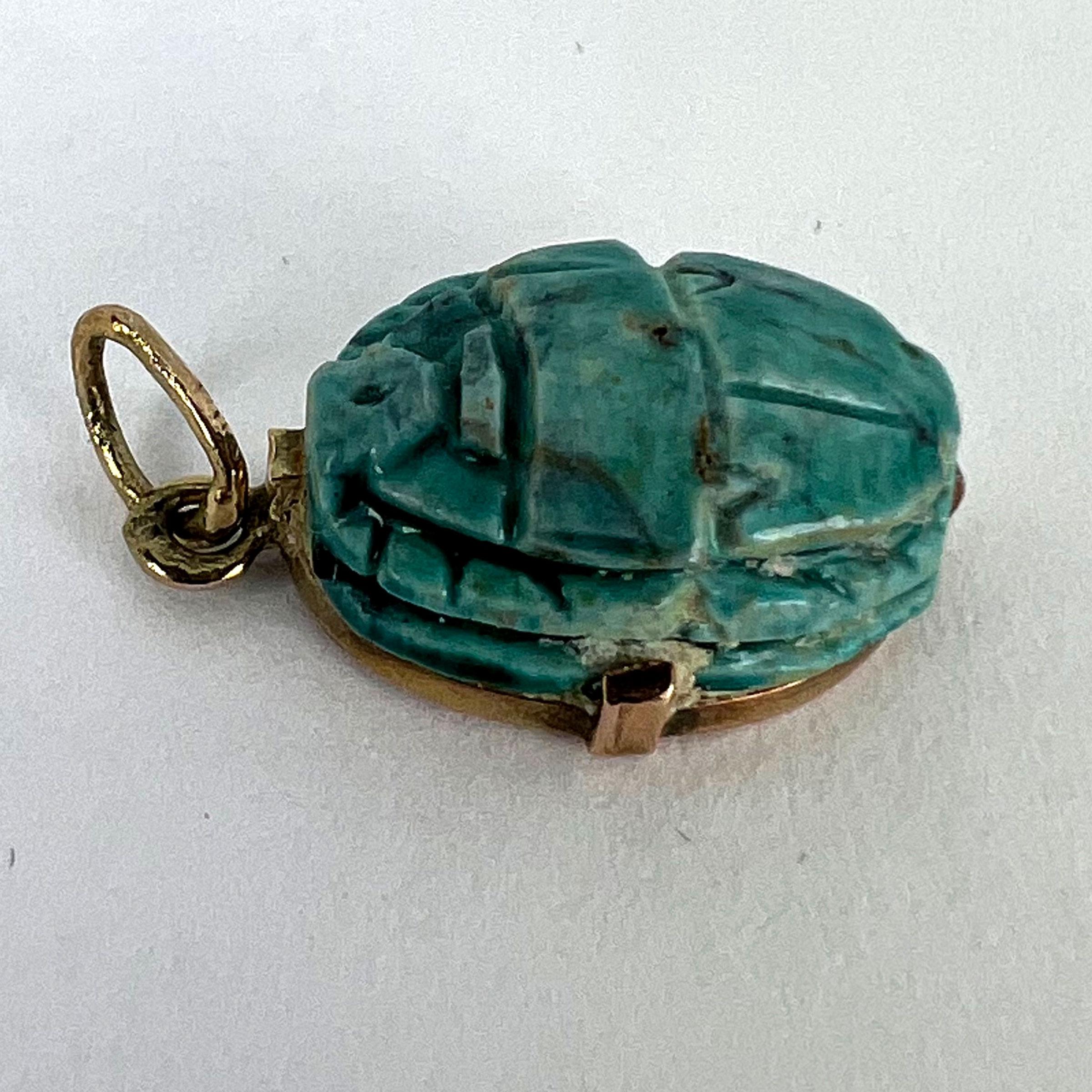 Egyptian Faience Ceramic Scarab 18K Yellow Gold Charm Pendant For Sale 11