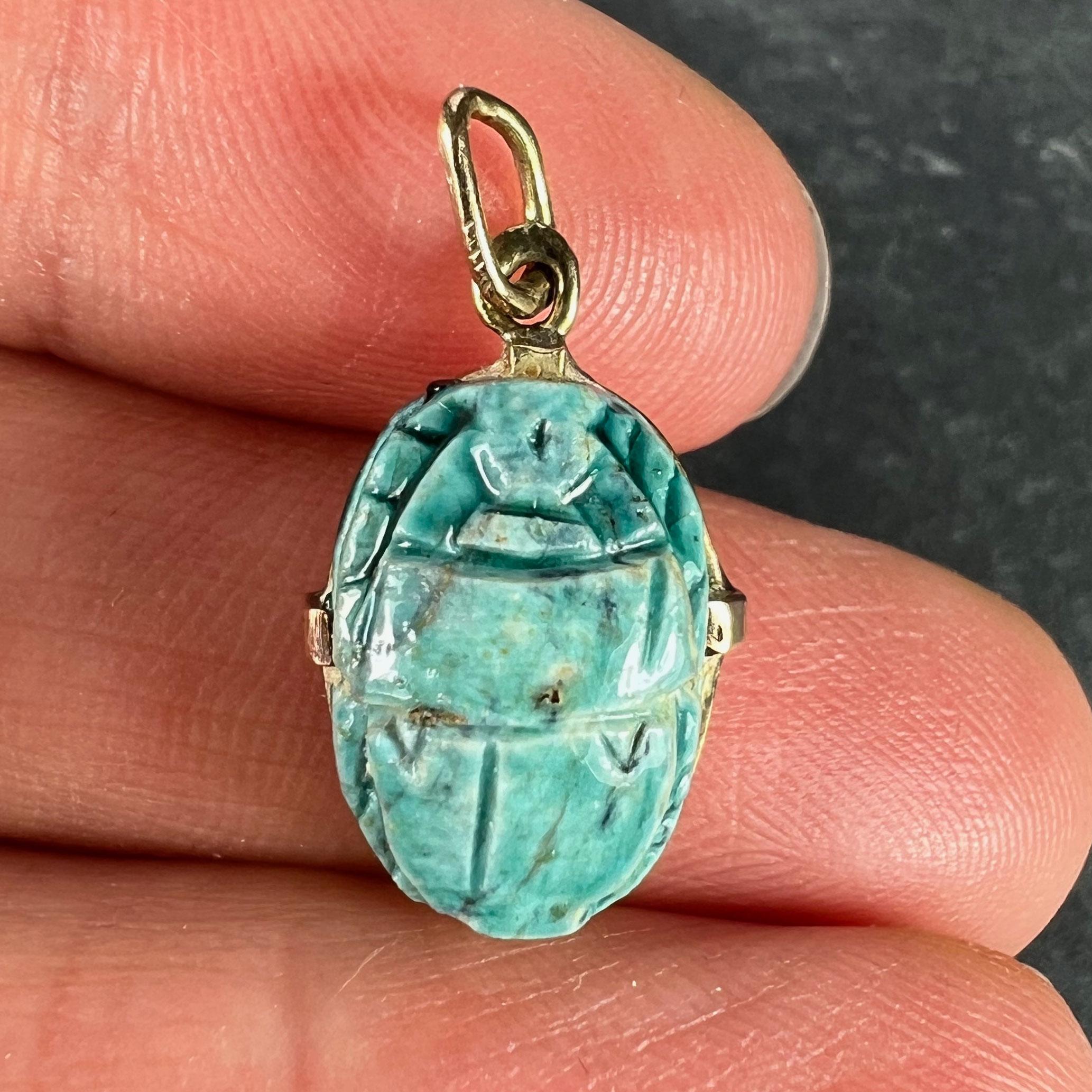Egyptian Faience Ceramic Scarab 18K Yellow Gold Charm Pendant For Sale 1
