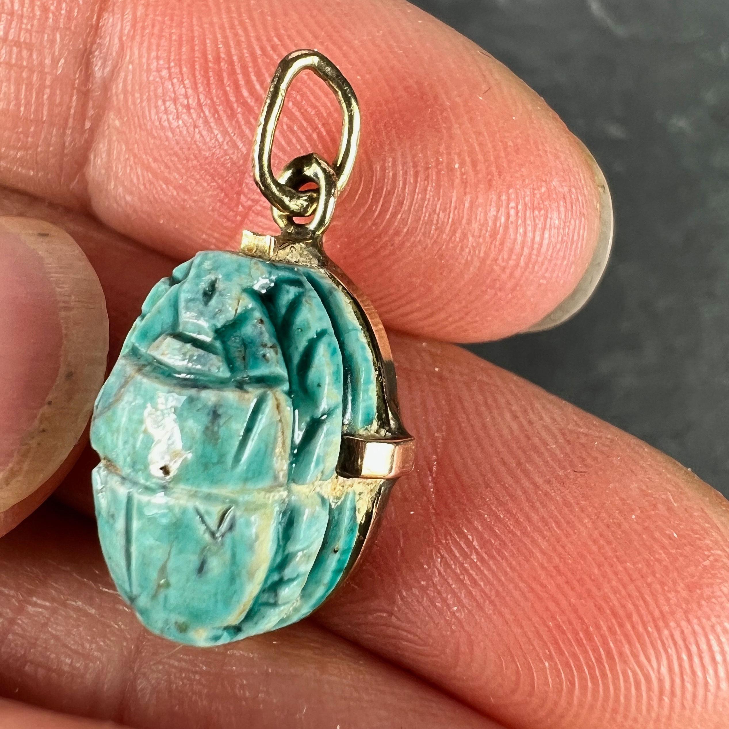 Egyptian Faience Ceramic Scarab 18K Yellow Gold Charm Pendant For Sale 2