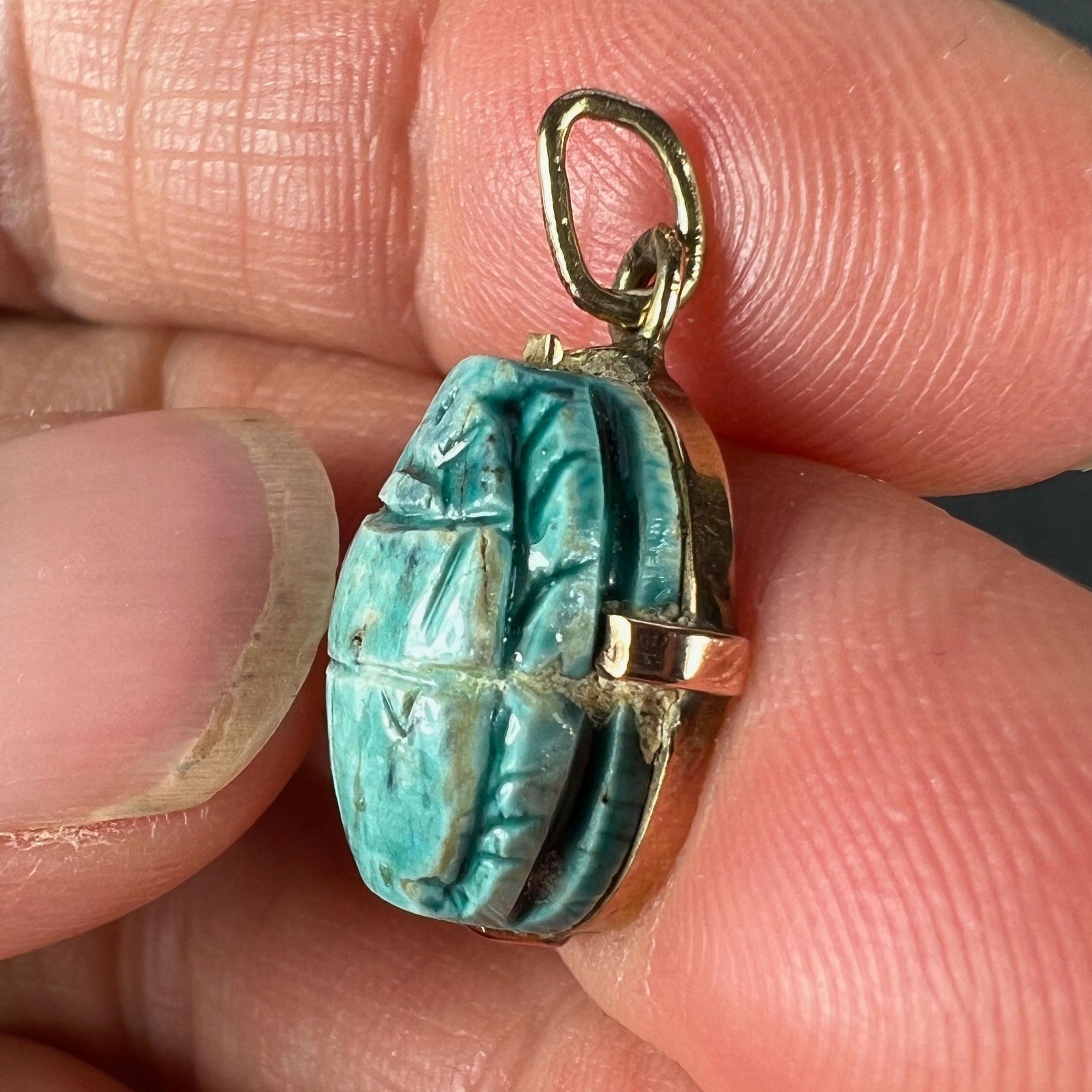 Egyptian Faience Ceramic Scarab 18K Yellow Gold Charm Pendant For Sale 3