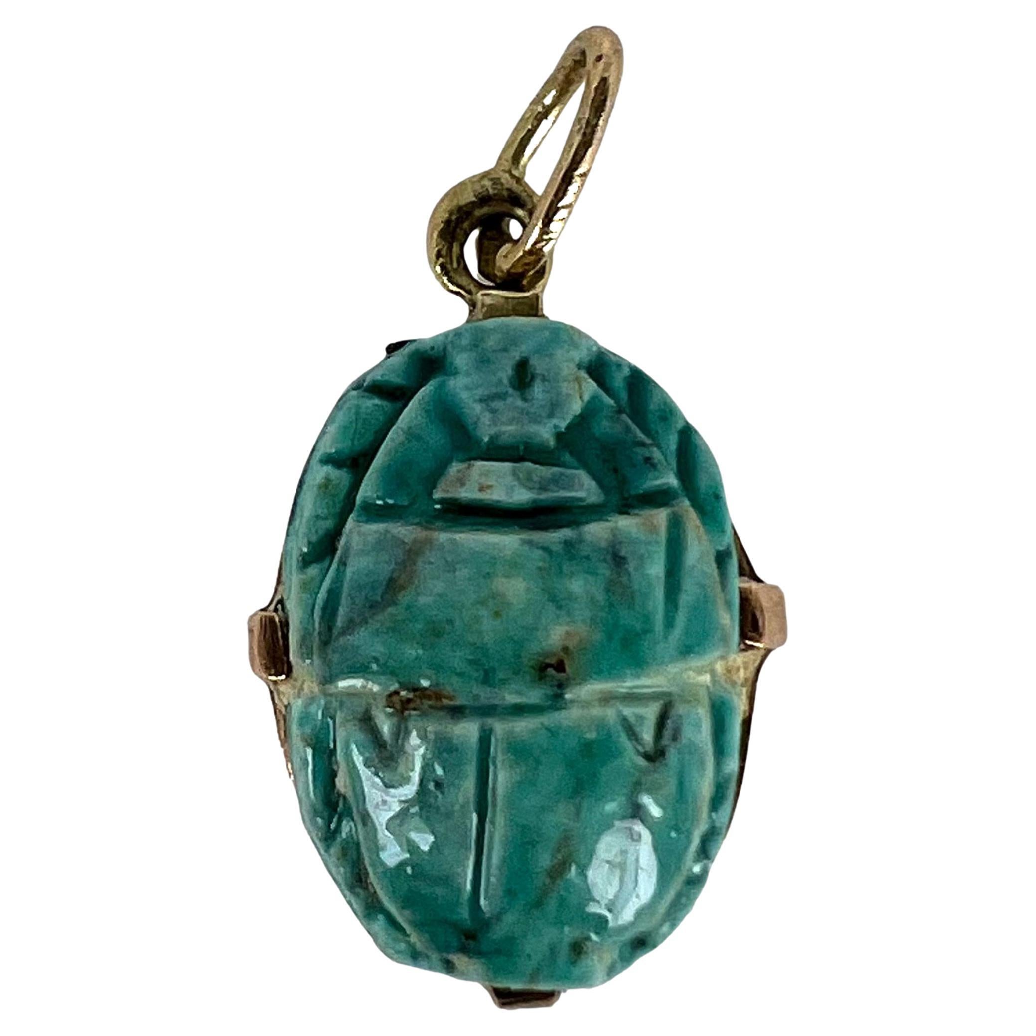 Egyptian Faience Ceramic Scarab 18K Yellow Gold Charm Pendant