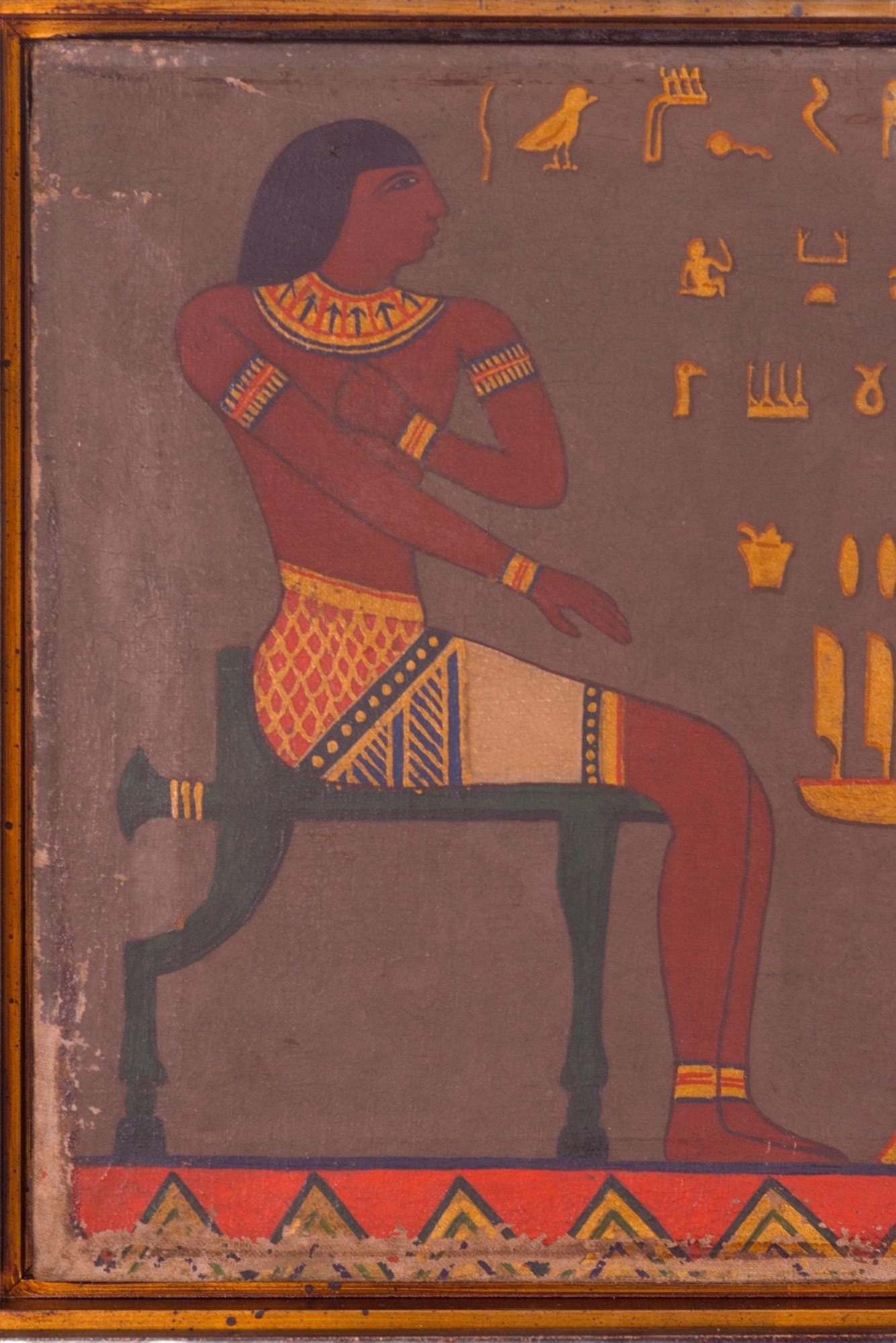 A pair of early 19th Century Continental School Oil on canvas. One portrays Egyptian Figures at a table with Hieroglyphics, and the other one a flute player and a singer. The scenes are from a funerary banquet, from the Tomb of Nenkhef. Both are