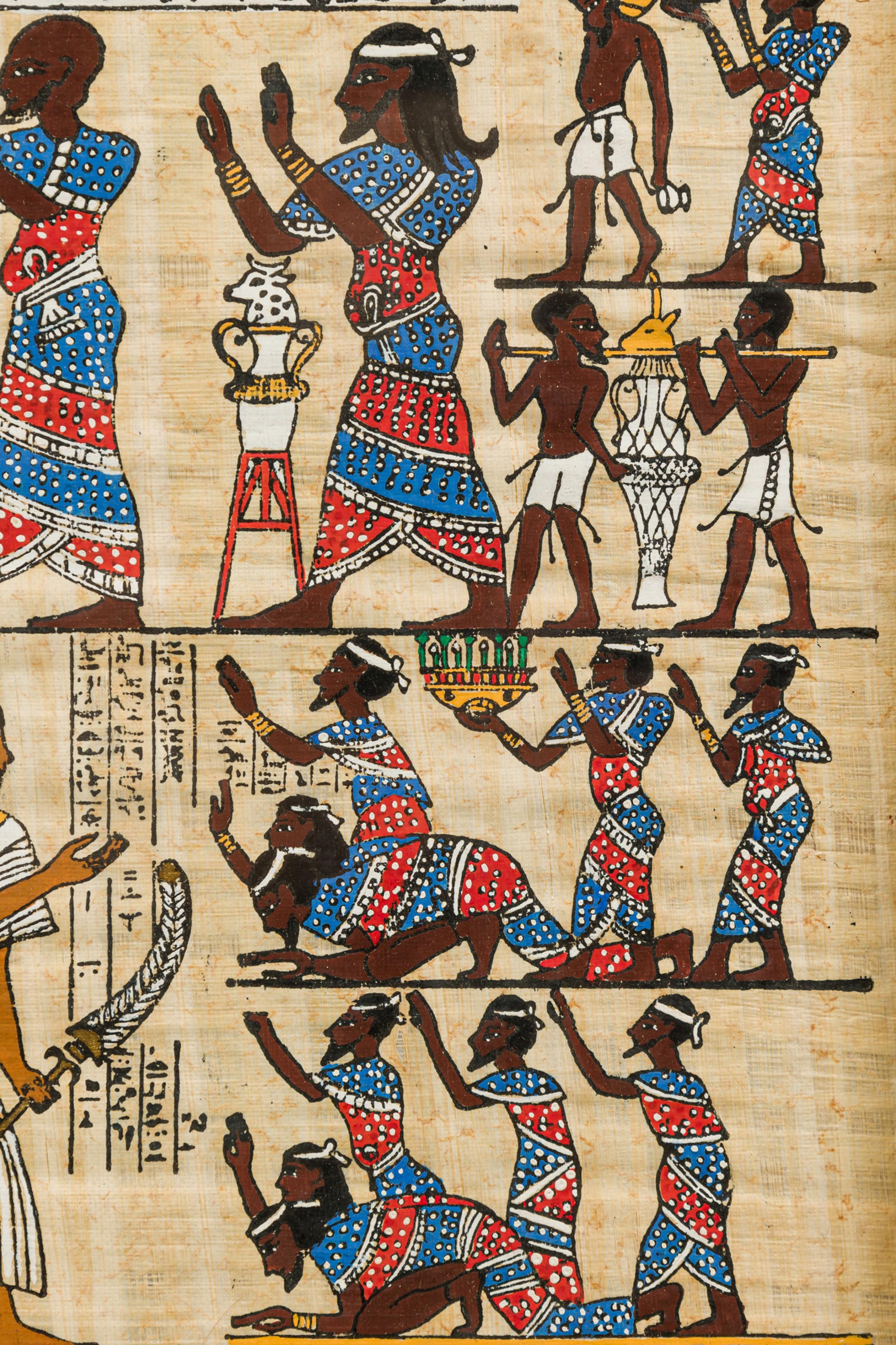 Peinture égyptienne encadrée représentant des personnes au service d'un pharaon Bon état - En vente à Queens, NY