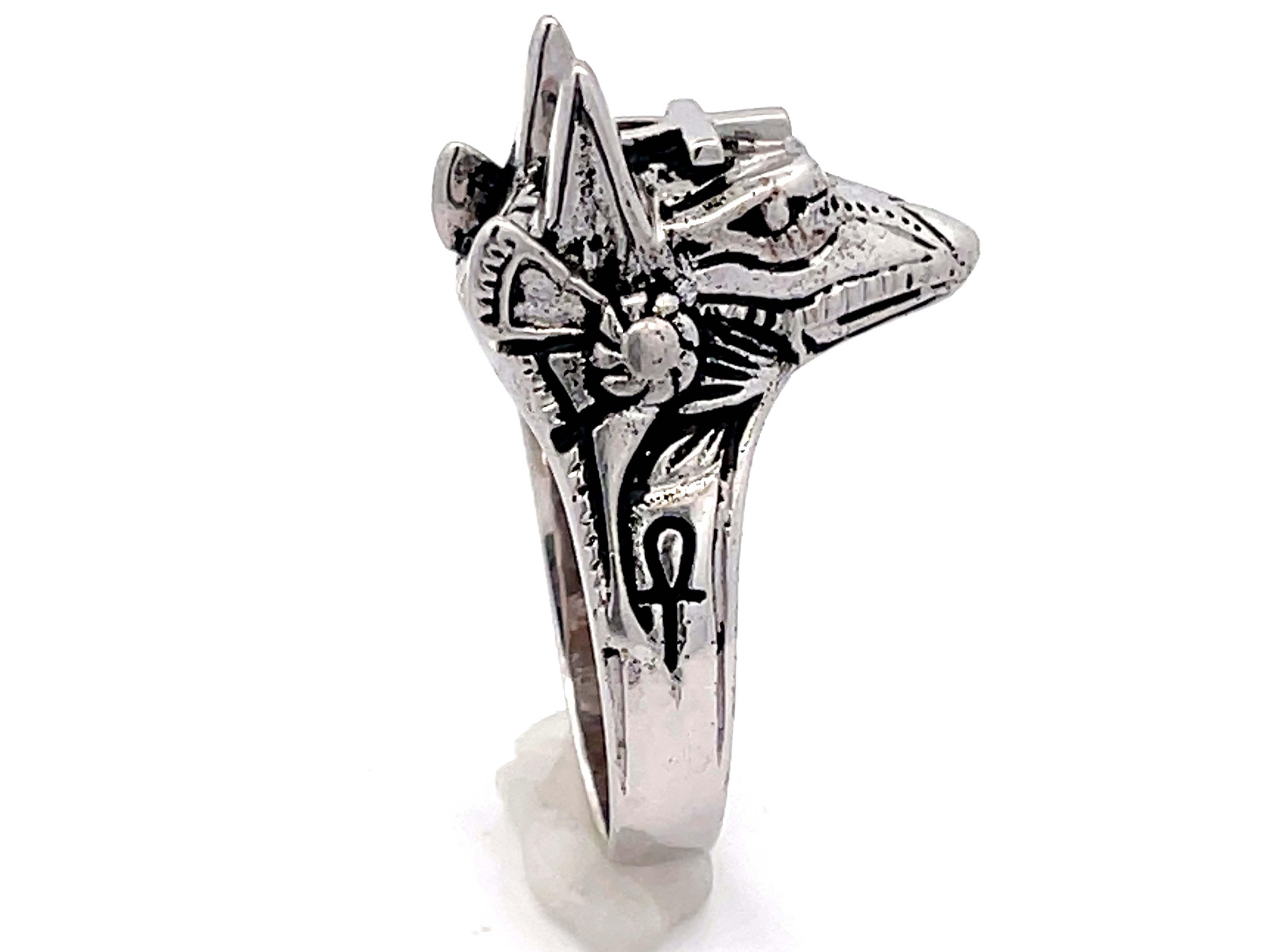 Egyptian God Anubis Ankh Cross Ring in 18k White Gold In Excellent Condition For Sale In Honolulu, HI
