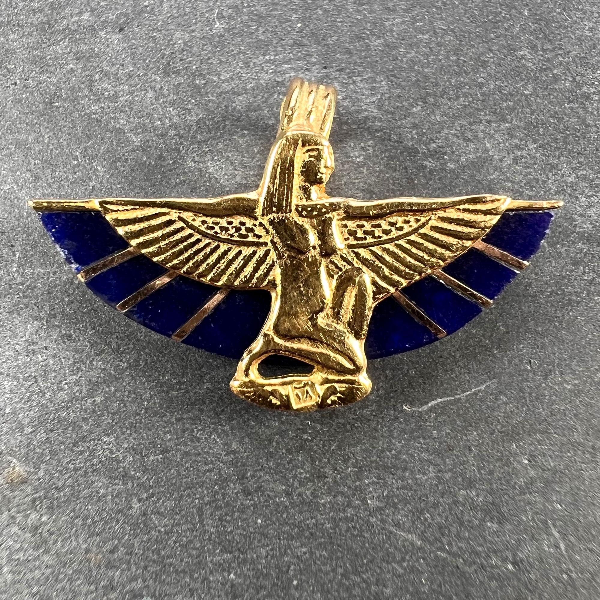 An 18 karat (18K) yellow gold pendant designed as the Goddess Isis with outstretched wings. The wings are carved from a lapis lazuli simulant. Stamped with Egyptian marks for 18 karat gold.

Dimensions: 1.6 x 2.5 x 0.35 cm
Weight: 3.08 grams
(Chain