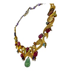 Egyptian Green Dangle Jeweled Leafing Gem Colored Necklace 24K Electroplated
