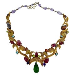 Vintage Egyptian Green Dangle Jeweled Leafing Gem Colored Necklace 24K Electroplated