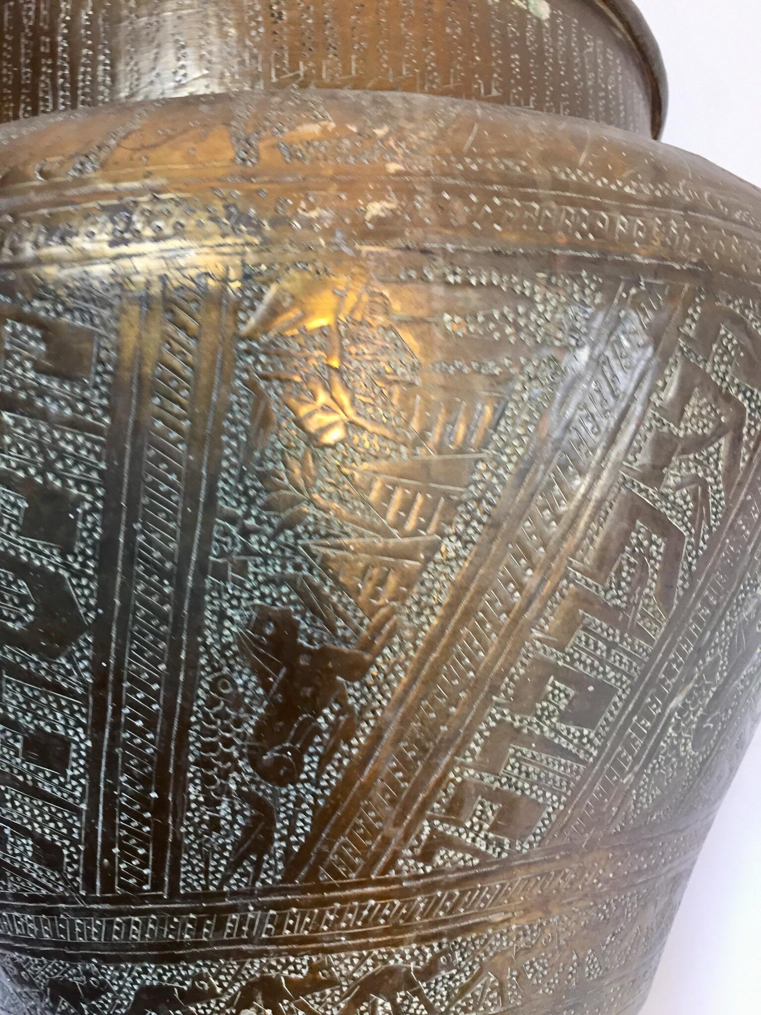 Middle Eastern Egyptian Hebraique Revival Hand Etched Brass Pot Jardiniere For Sale 3