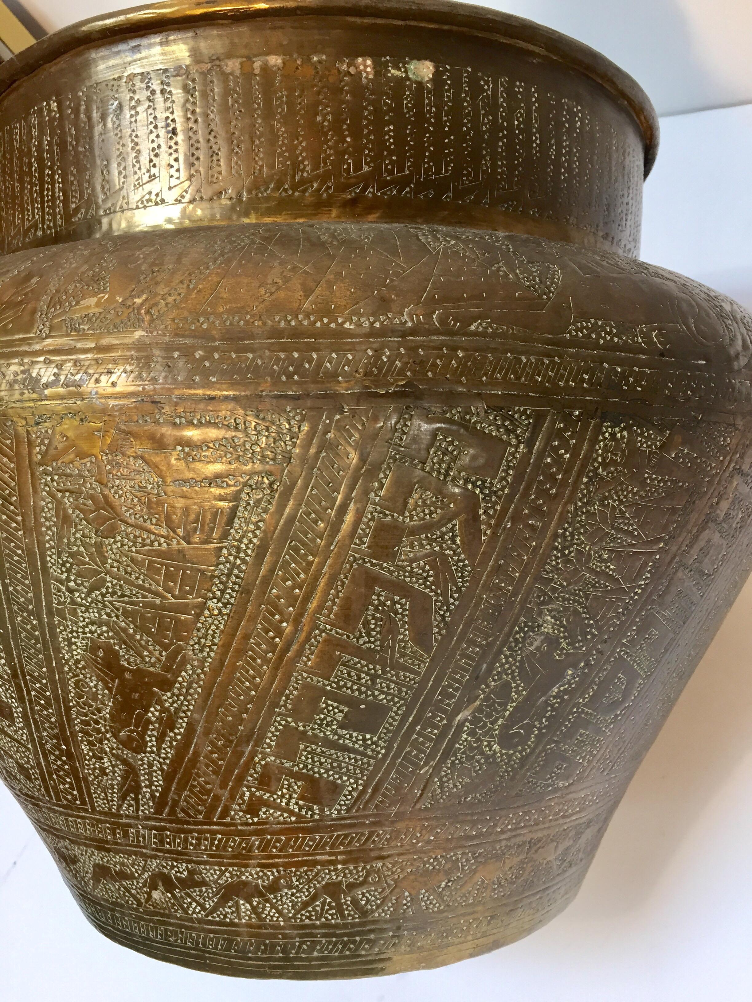 Middle Eastern Egyptian Hebraique Revival Hand Etched Brass Pot Jardiniere For Sale 4