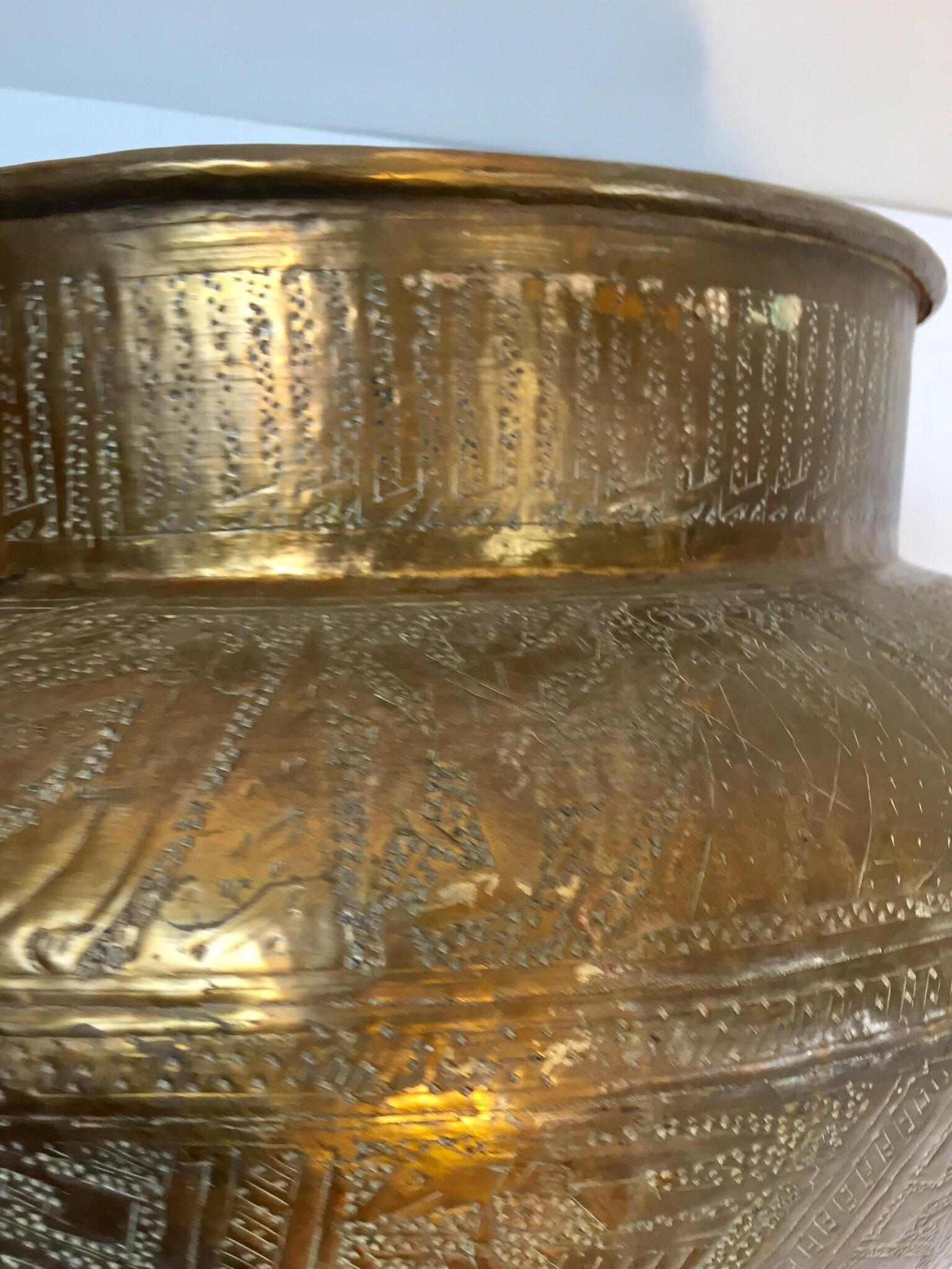 Middle Eastern Egyptian Hebraique Revival Hand Etched Brass Pot Jardiniere For Sale 6