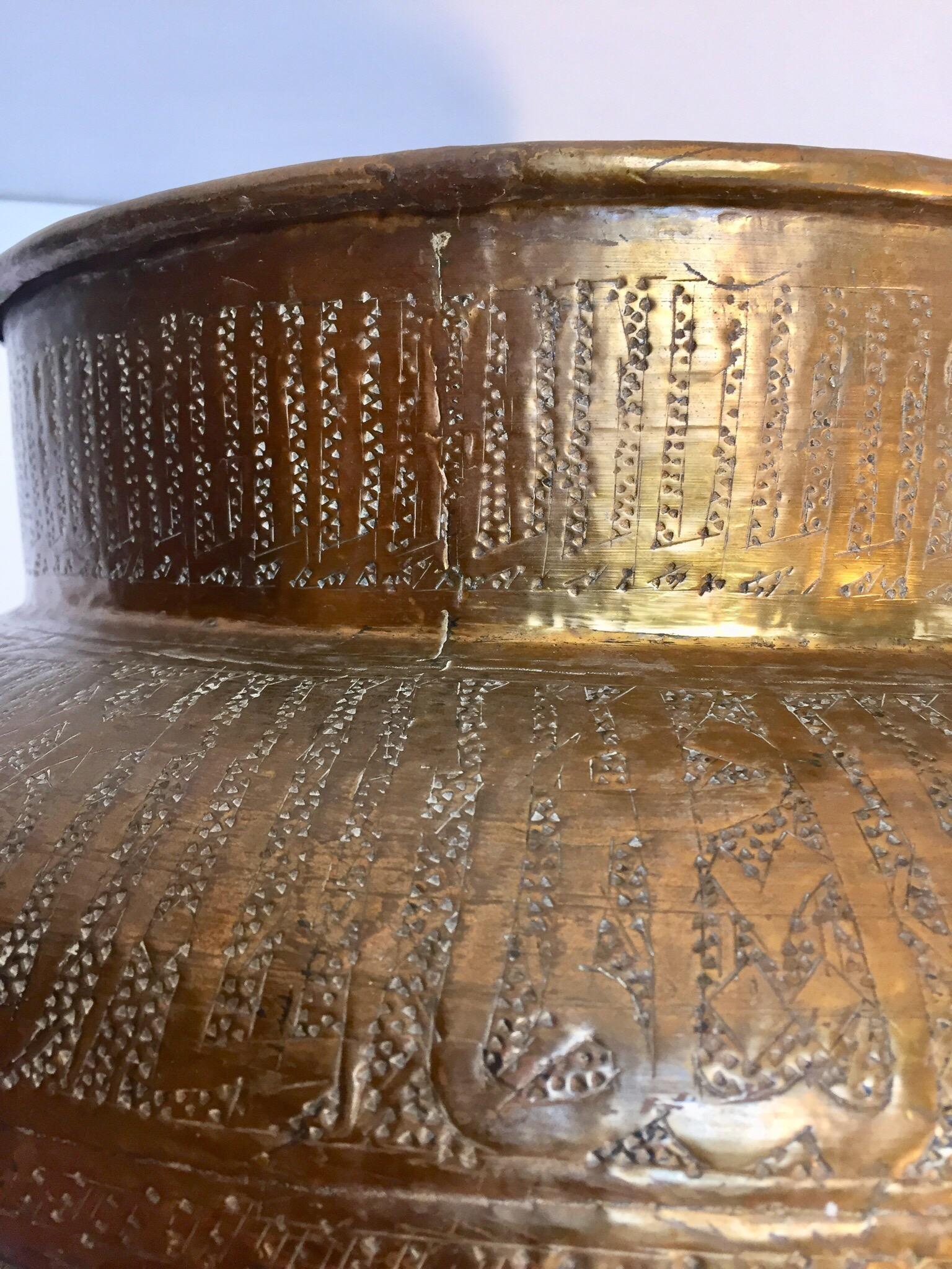 19th Century Middle Eastern Egyptian Hebraique Revival Hand Etched Brass Pot Jardiniere For Sale