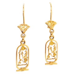 Egyptian Hieroglyphic Cartouche Ankh Dangle Earrings in 18 Karat Yellow Gold