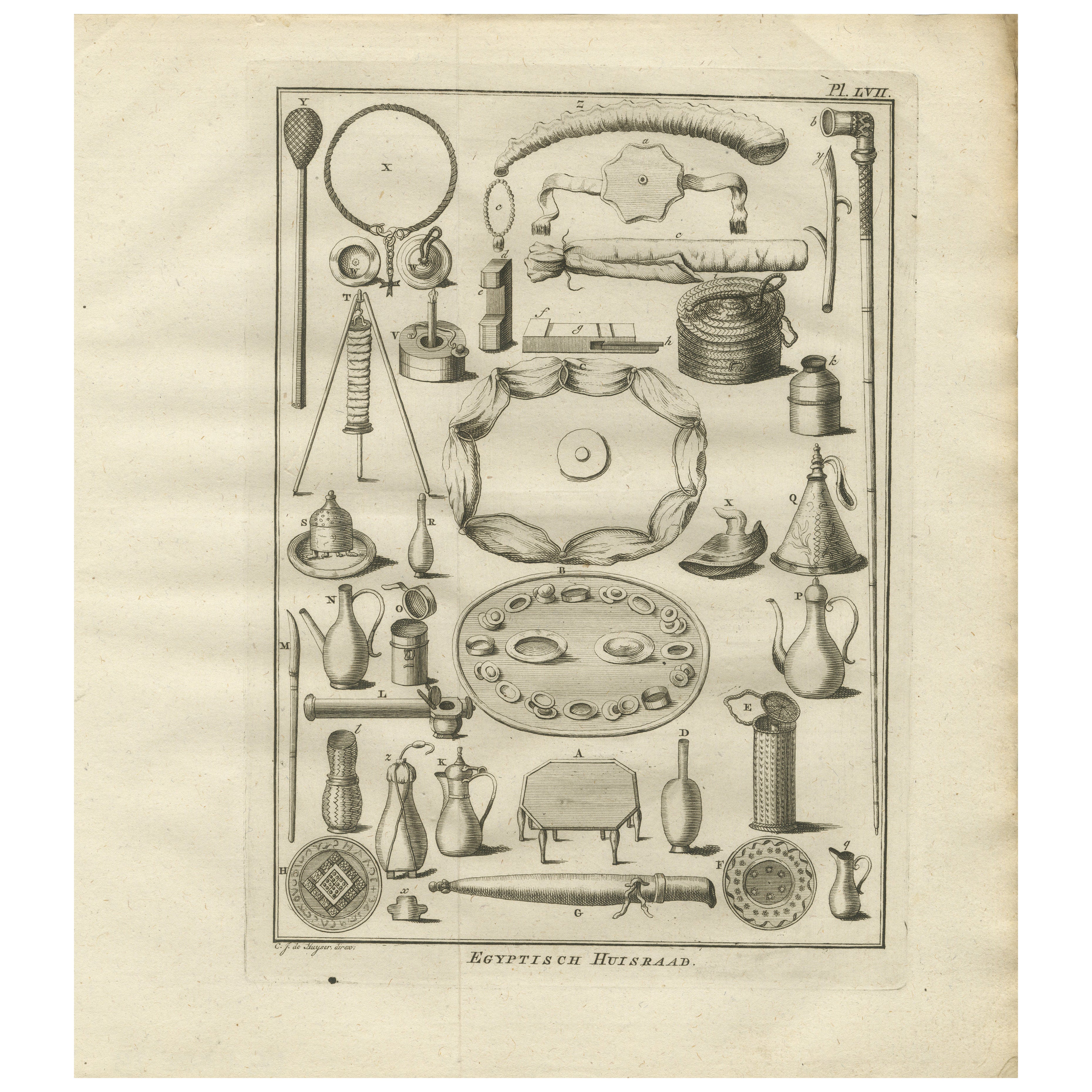 Egyptian Household Utensils – Antique Engraving of Domestic Tools, c.1776 For Sale