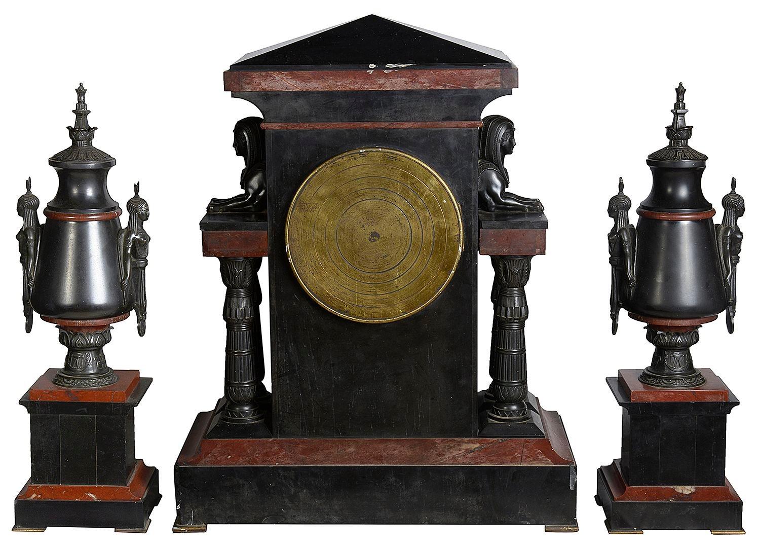 Egyptian influenced clock garniture, 19th Century. For Sale 2
