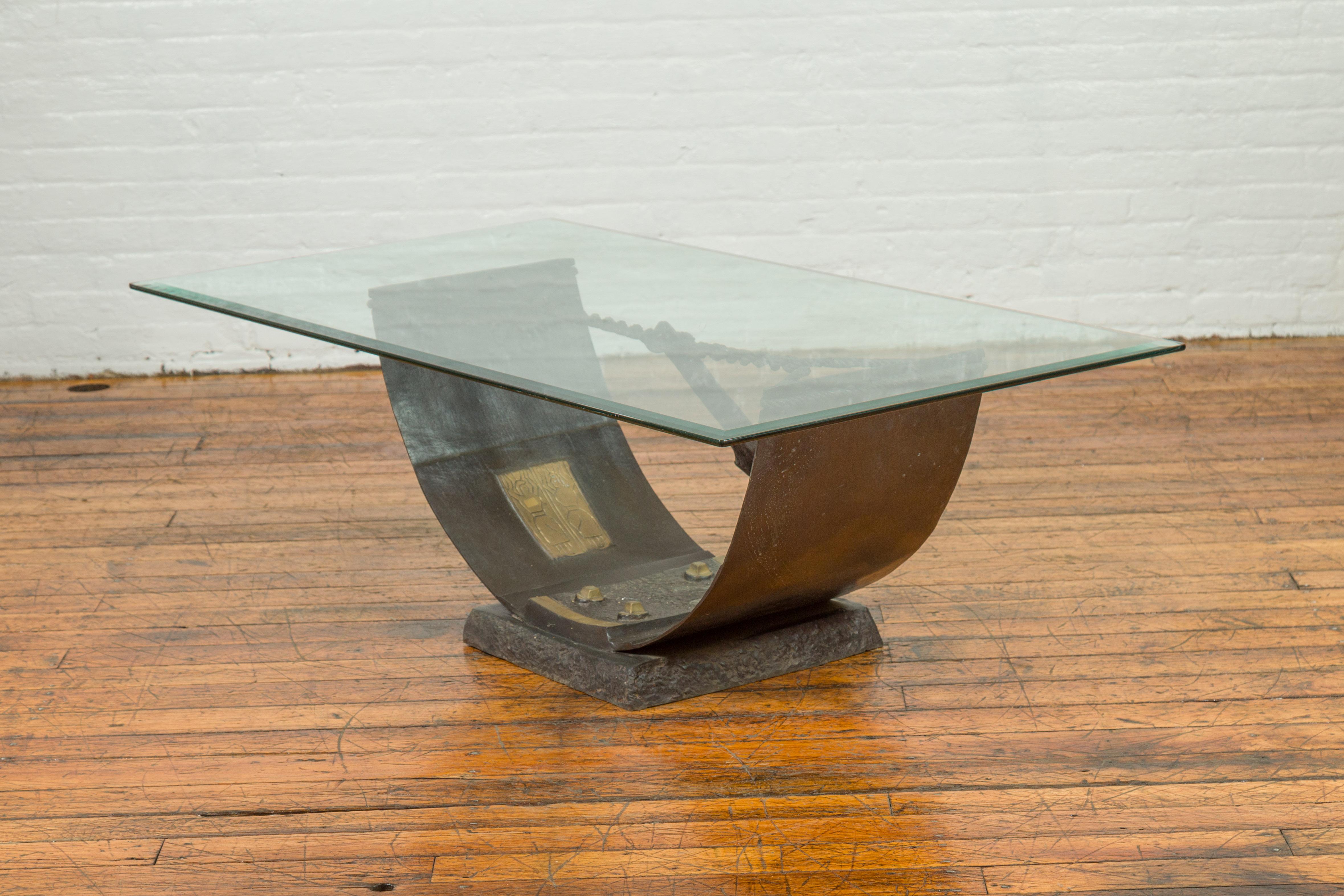 Contemporary Egyptian Inspired Barge Style Bronze Coffee Table Base with Amun-Re Motif