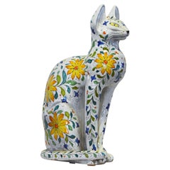 Vintage Egyptian Inspired Glazed Terracotta Cat with Floral Decoration, 20th Century