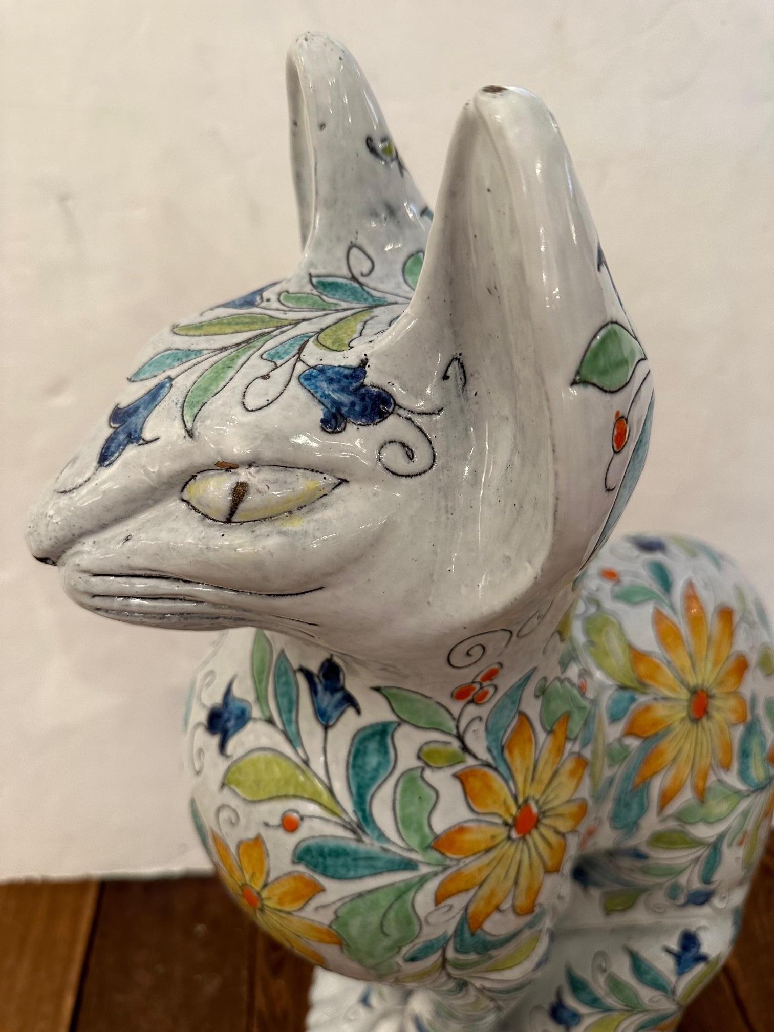 Egyptian Inspired Sgraffito Glazed Terracotta Cat with Floral Decoration For Sale 3