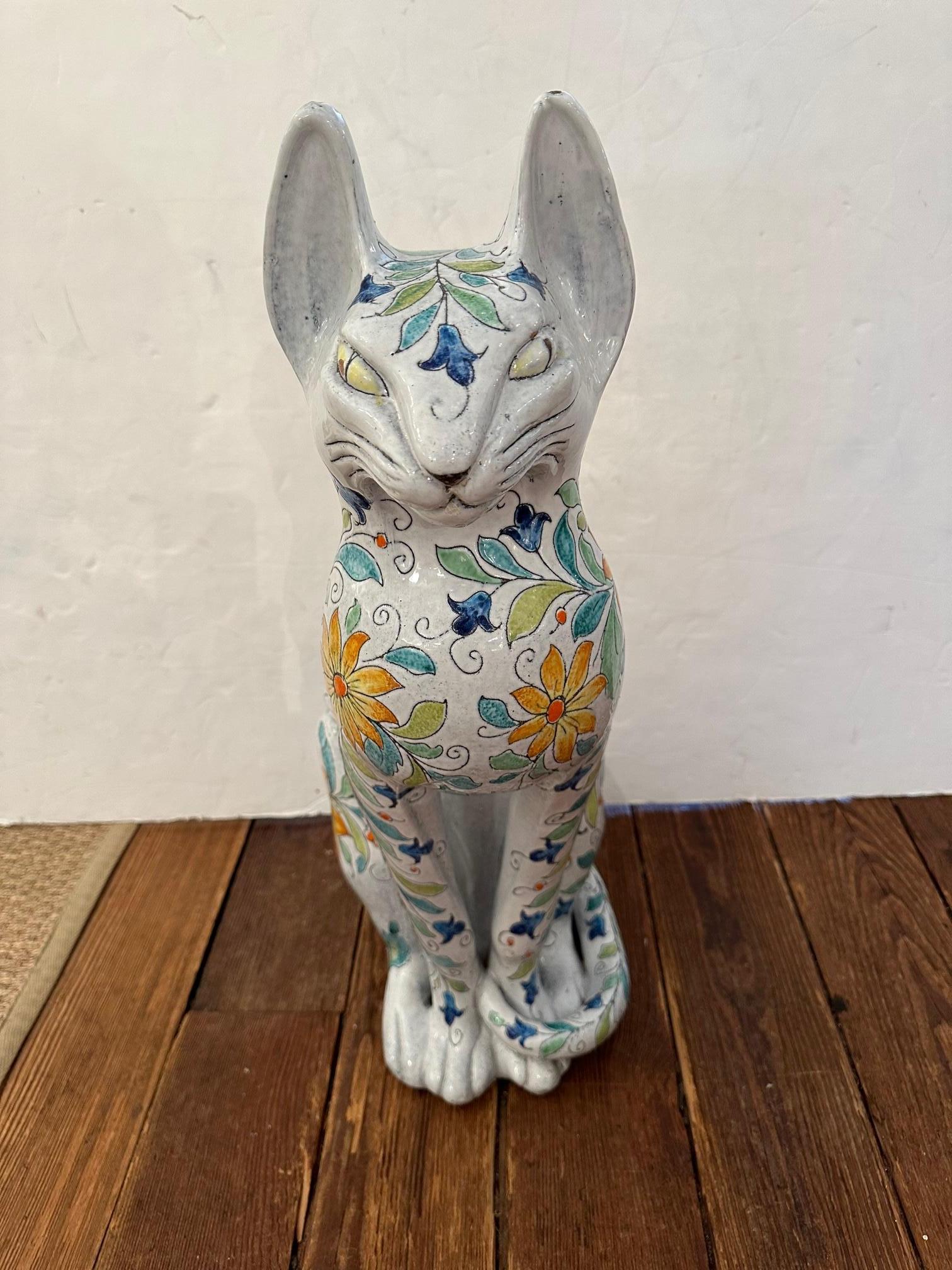 Egyptian Inspired Sgraffito Glazed Terracotta Cat with Floral Decoration For Sale 5
